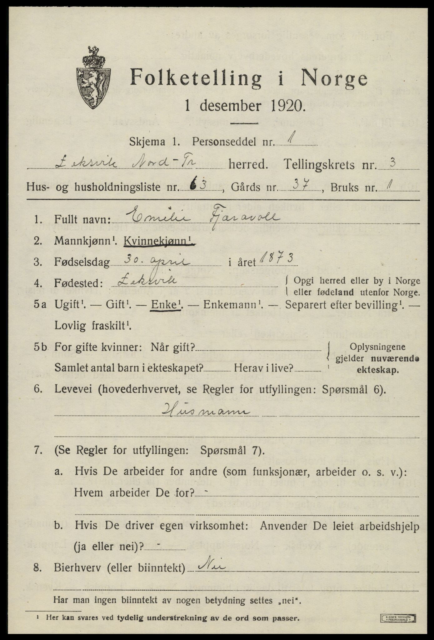 SAT, 1920 census for Leksvik, 1920, p. 3504