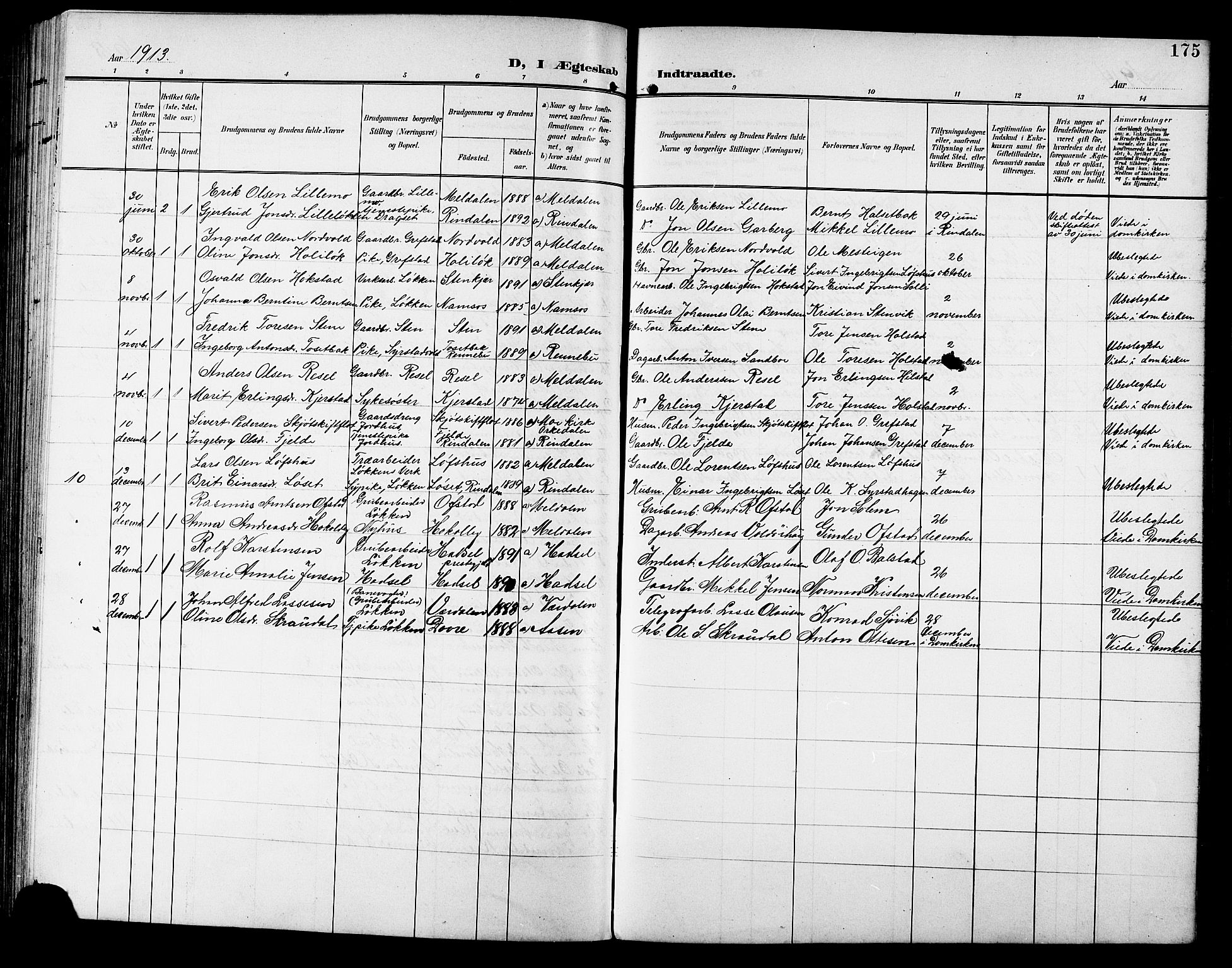 Ministerialprotokoller, klokkerbøker og fødselsregistre - Sør-Trøndelag, AV/SAT-A-1456/672/L0864: Parish register (copy) no. 672C03, 1902-1914, p. 175