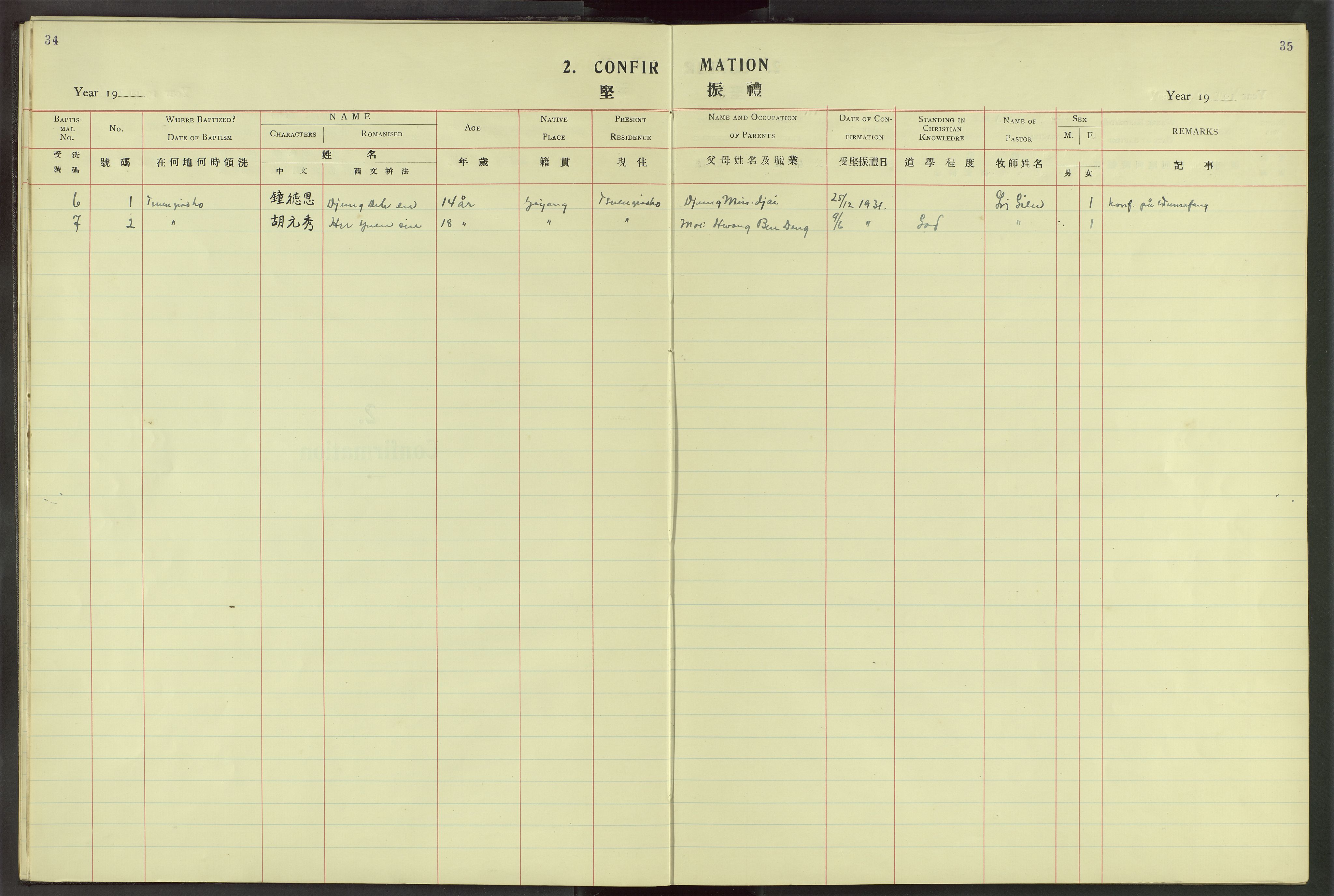 Det Norske Misjonsselskap - utland - Kina (Hunan), VID/MA-A-1065/Dm/L0028: Parish register (official) no. 66, 1914-1932, p. 34-35