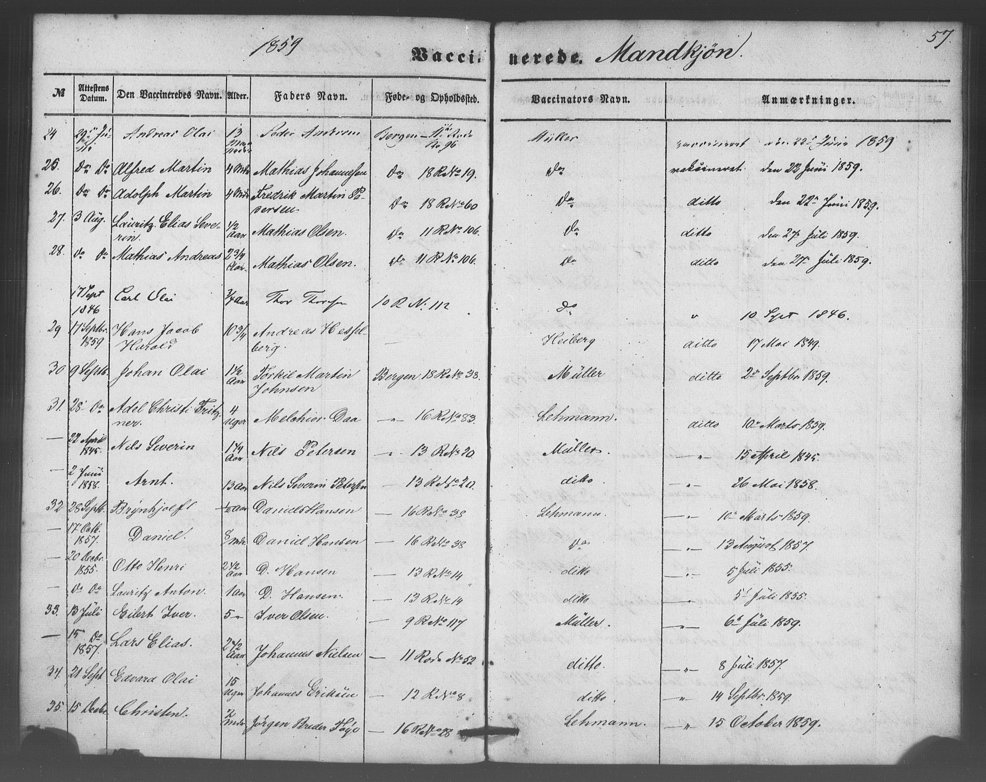 Domkirken sokneprestembete, AV/SAB-A-74801/H/Haa/L0047: Parish register (official) no. F 2, 1852-1868, p. 57