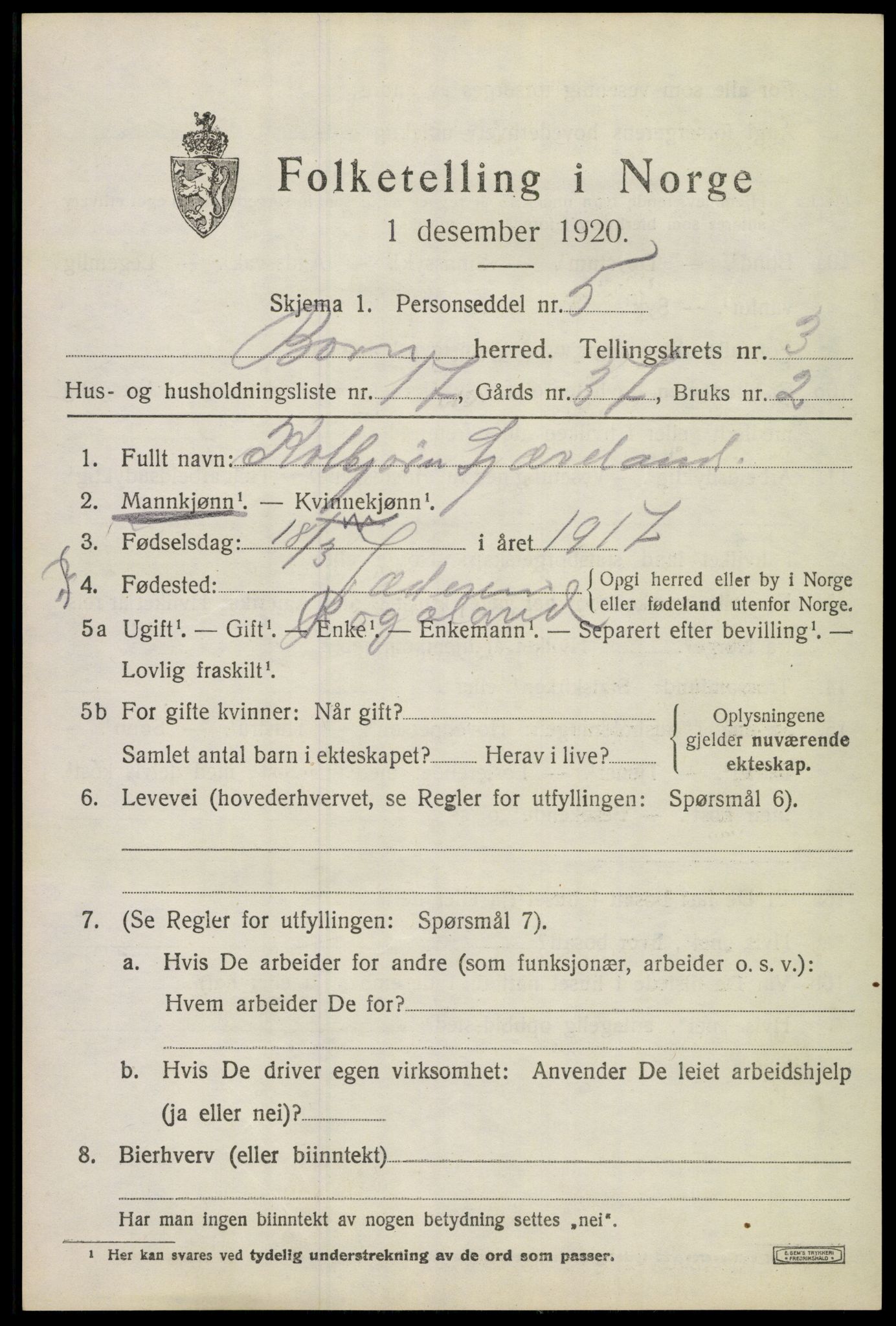 SAKO, 1920 census for Borre, 1920, p. 6226