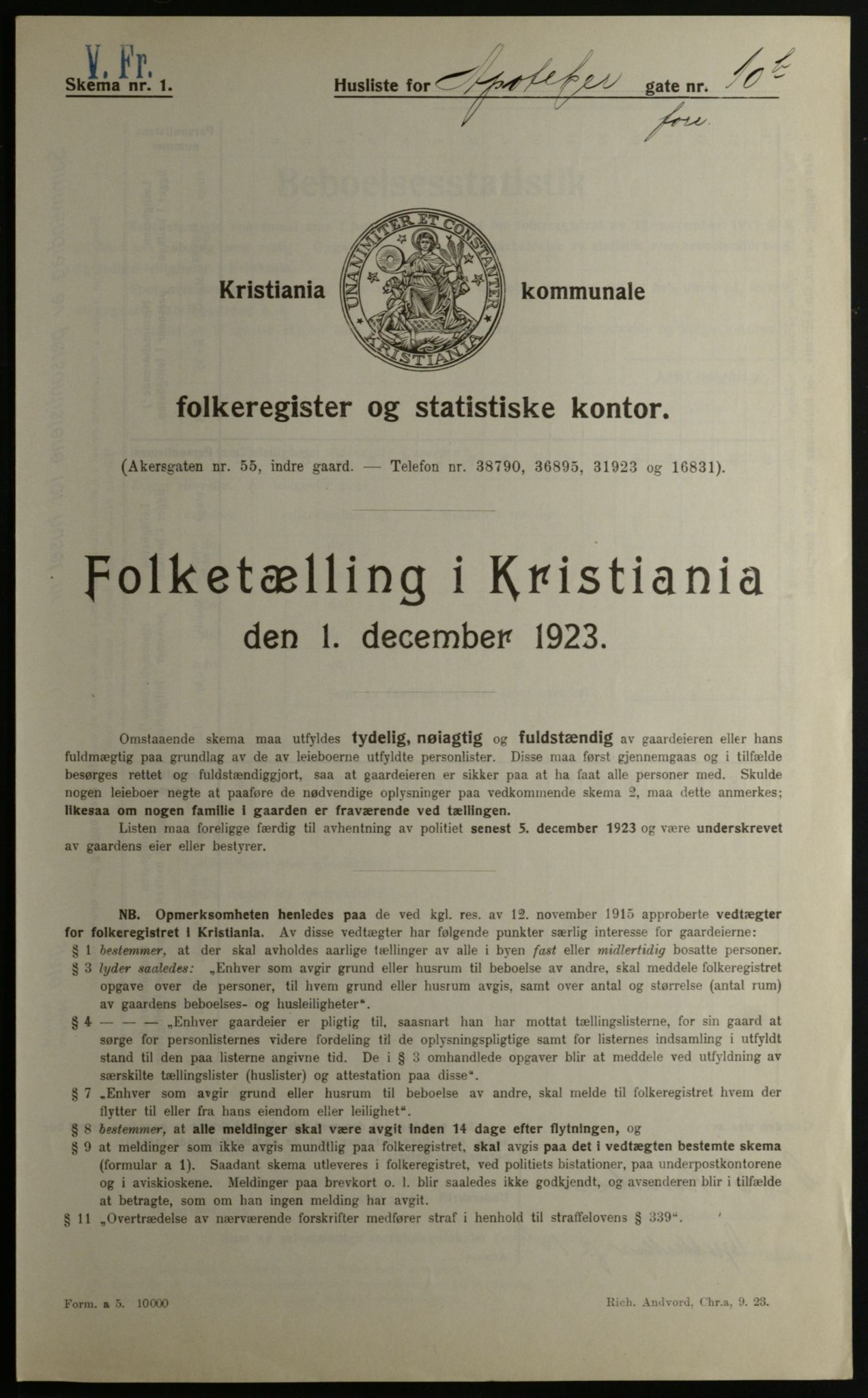 OBA, Municipal Census 1923 for Kristiania, 1923, p. 1716