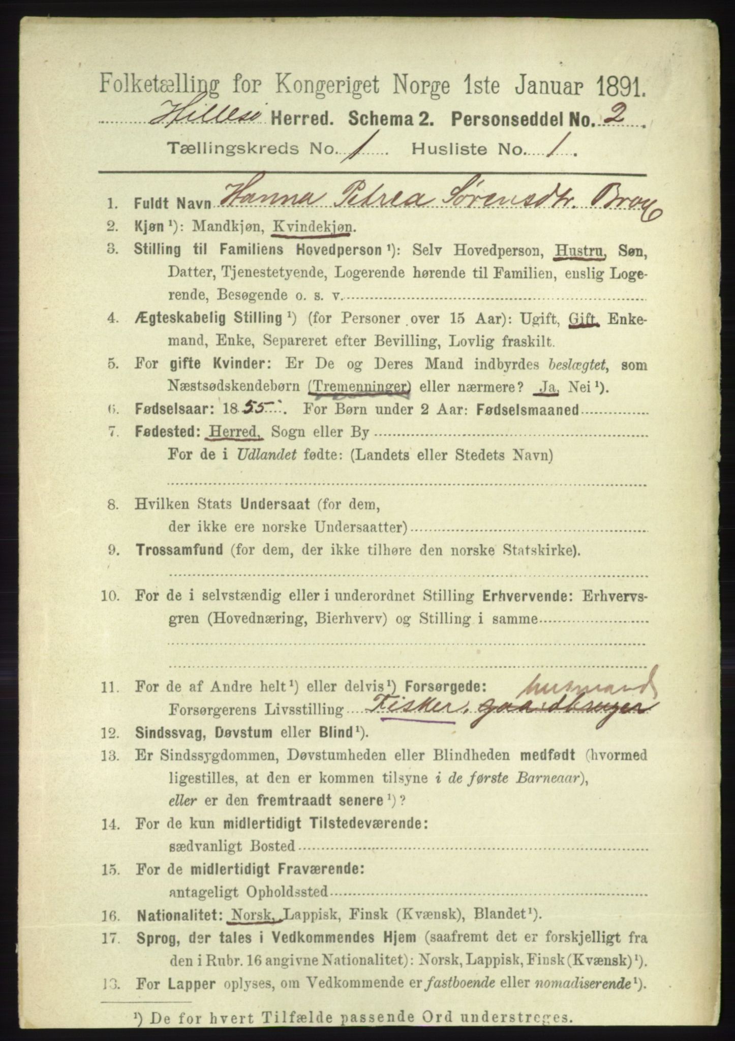 RA, 1891 census for 1930 Hillesøy, 1891, p. 87