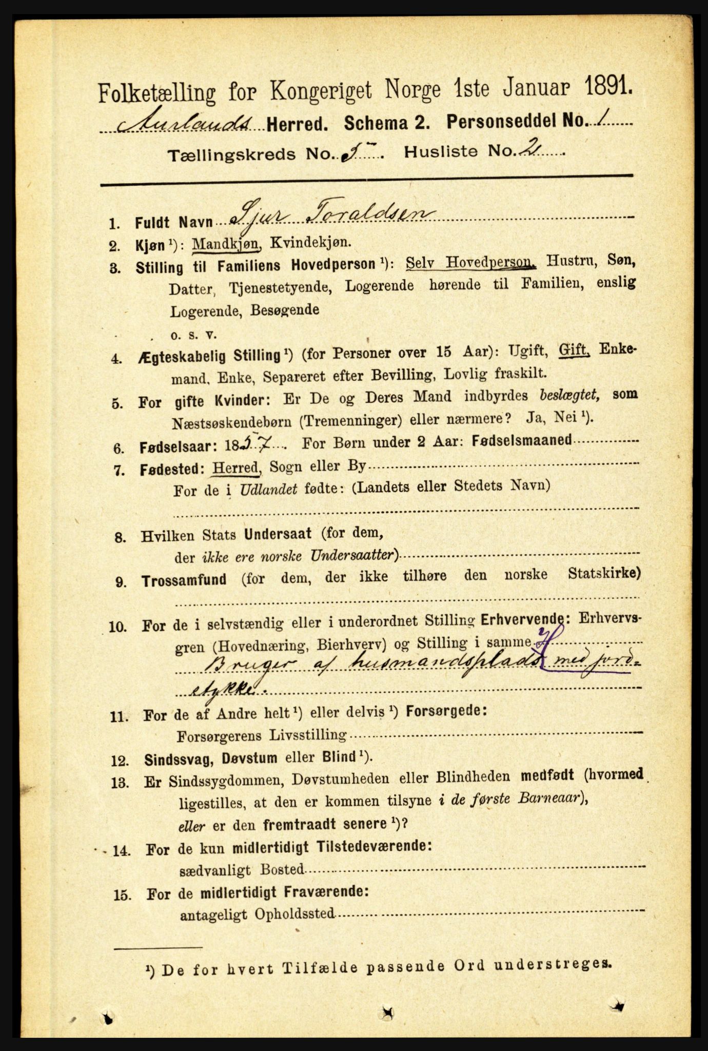 RA, 1891 census for 1421 Aurland, 1891, p. 1791