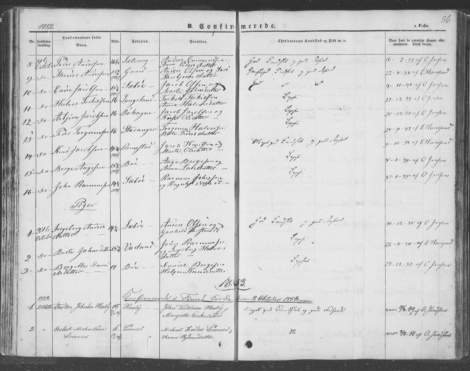 Finnøy sokneprestkontor, SAST/A-101825/H/Ha/Haa/L0007: Parish register (official) no. A 7, 1847-1862, p. 86