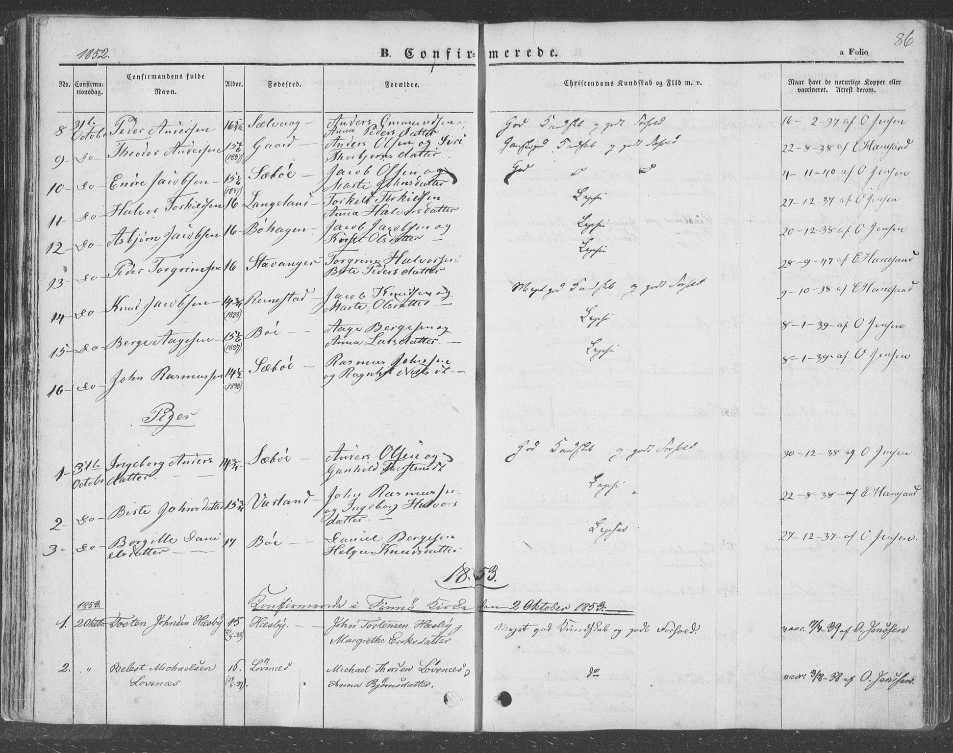 Finnøy sokneprestkontor, AV/SAST-A-101825/H/Ha/Haa/L0007: Parish register (official) no. A 7, 1847-1862, p. 86