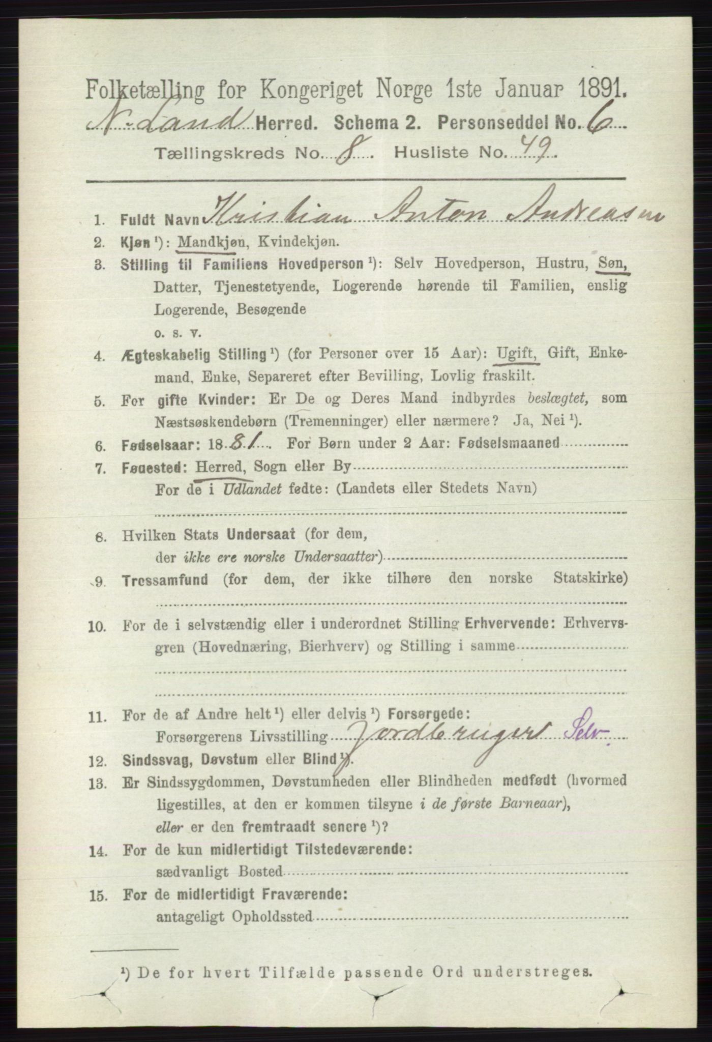 RA, 1891 census for 0538 Nordre Land, 1891, p. 2506