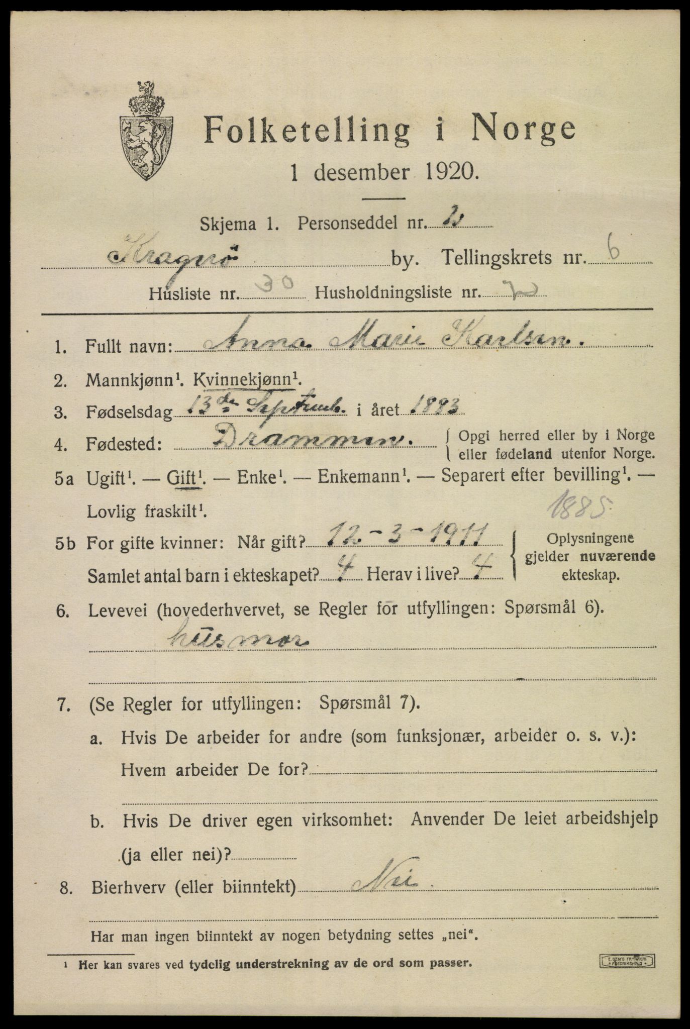 SAKO, 1920 census for Kragerø, 1920, p. 9421
