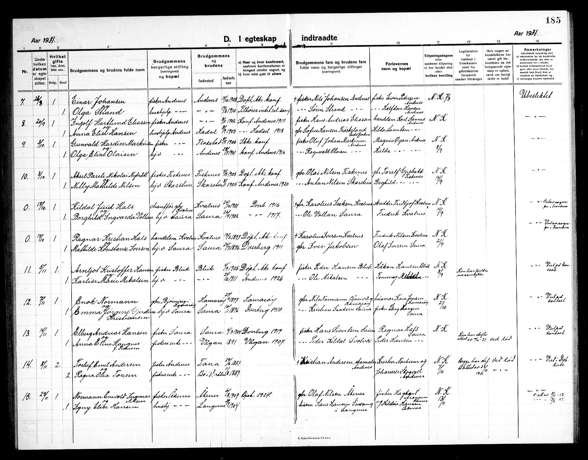 Ministerialprotokoller, klokkerbøker og fødselsregistre - Nordland, AV/SAT-A-1459/897/L1415: Parish register (copy) no. 897C05, 1916-1945, p. 185