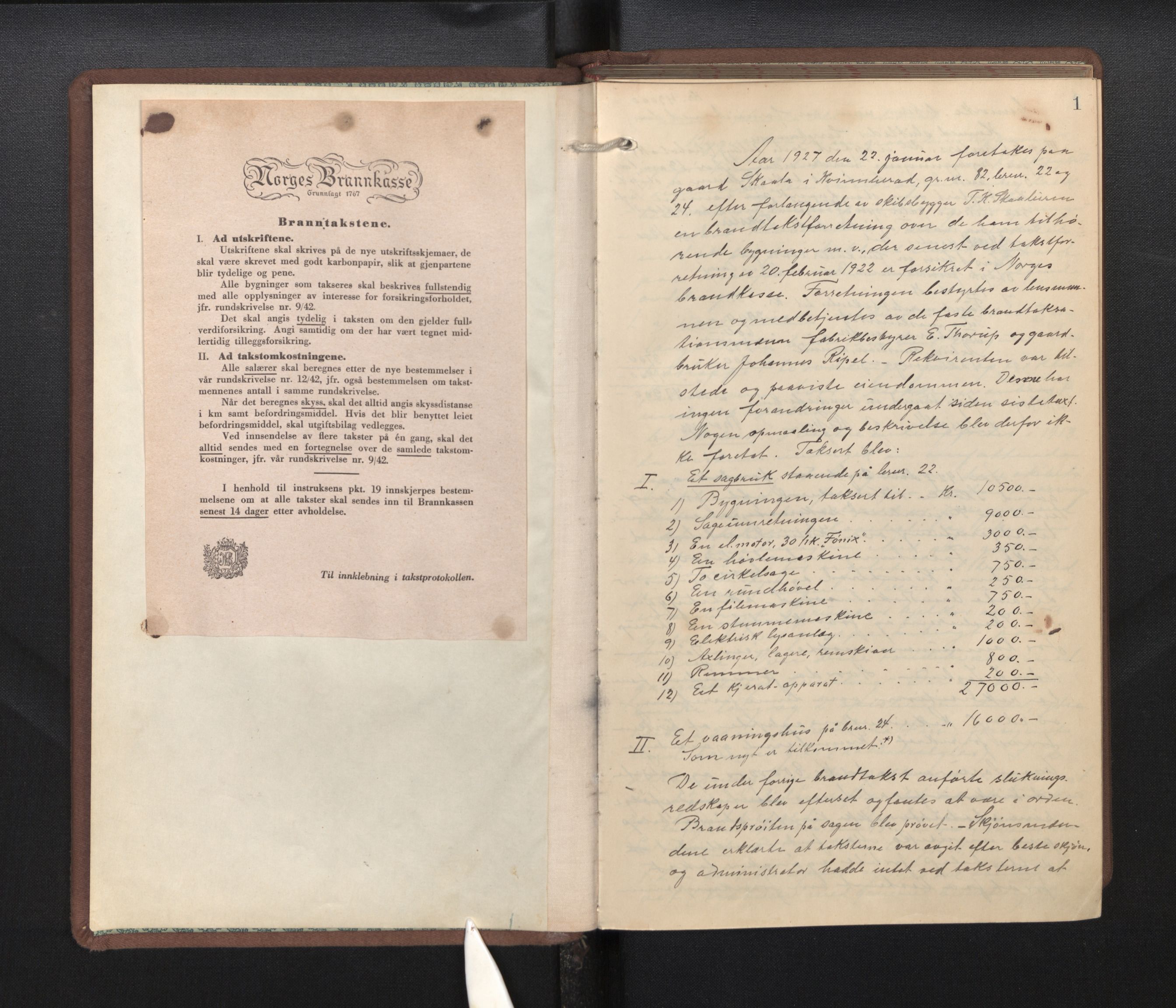 Lensmannen i Kvinnherad, AV/SAB-A-33301/1/0012/L0002: Branntakstprotokoll, 1927-1955, p. 1