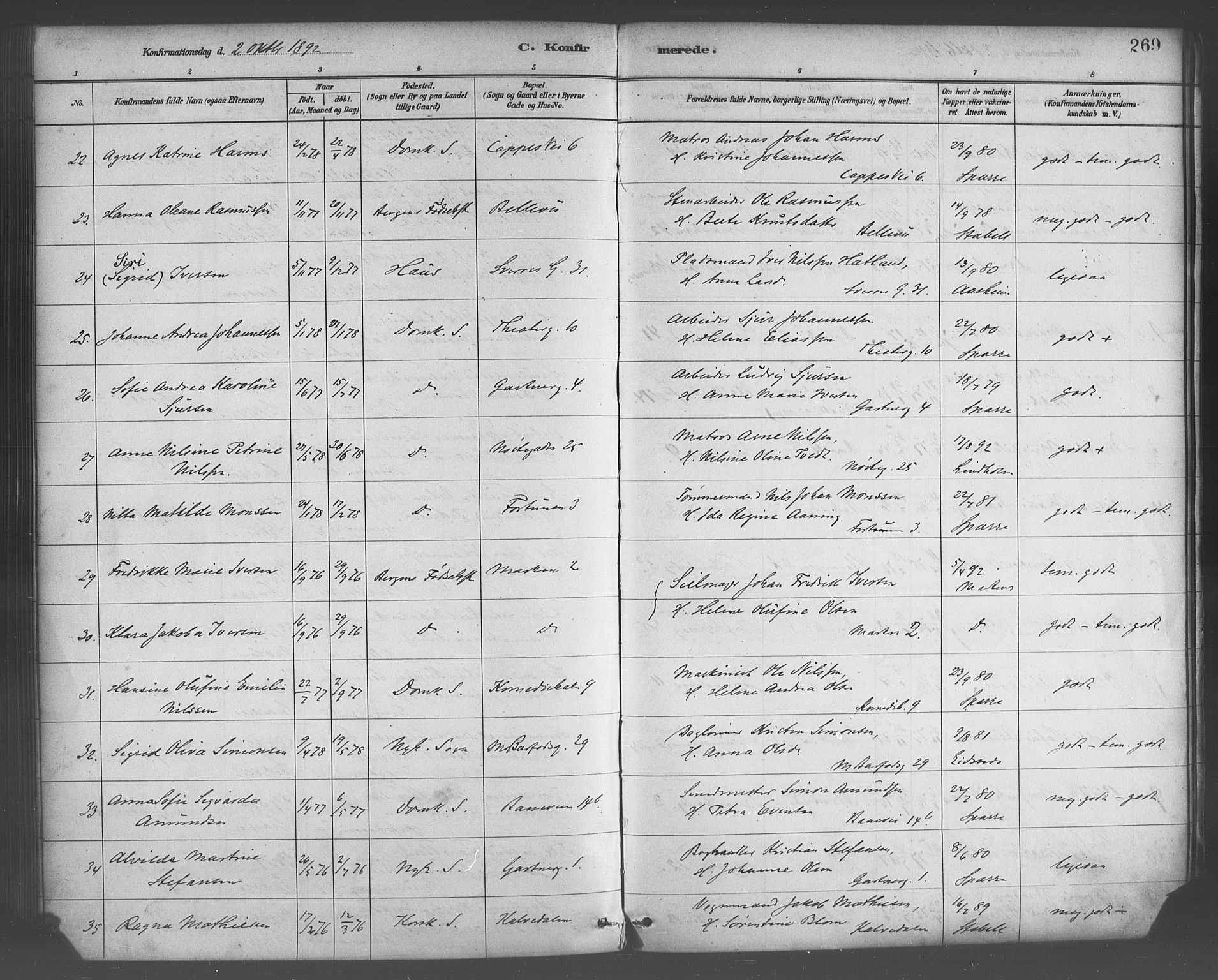 Domkirken sokneprestembete, SAB/A-74801/H/Haa/L0030: Parish register (official) no. C 5, 1880-1898, p. 269