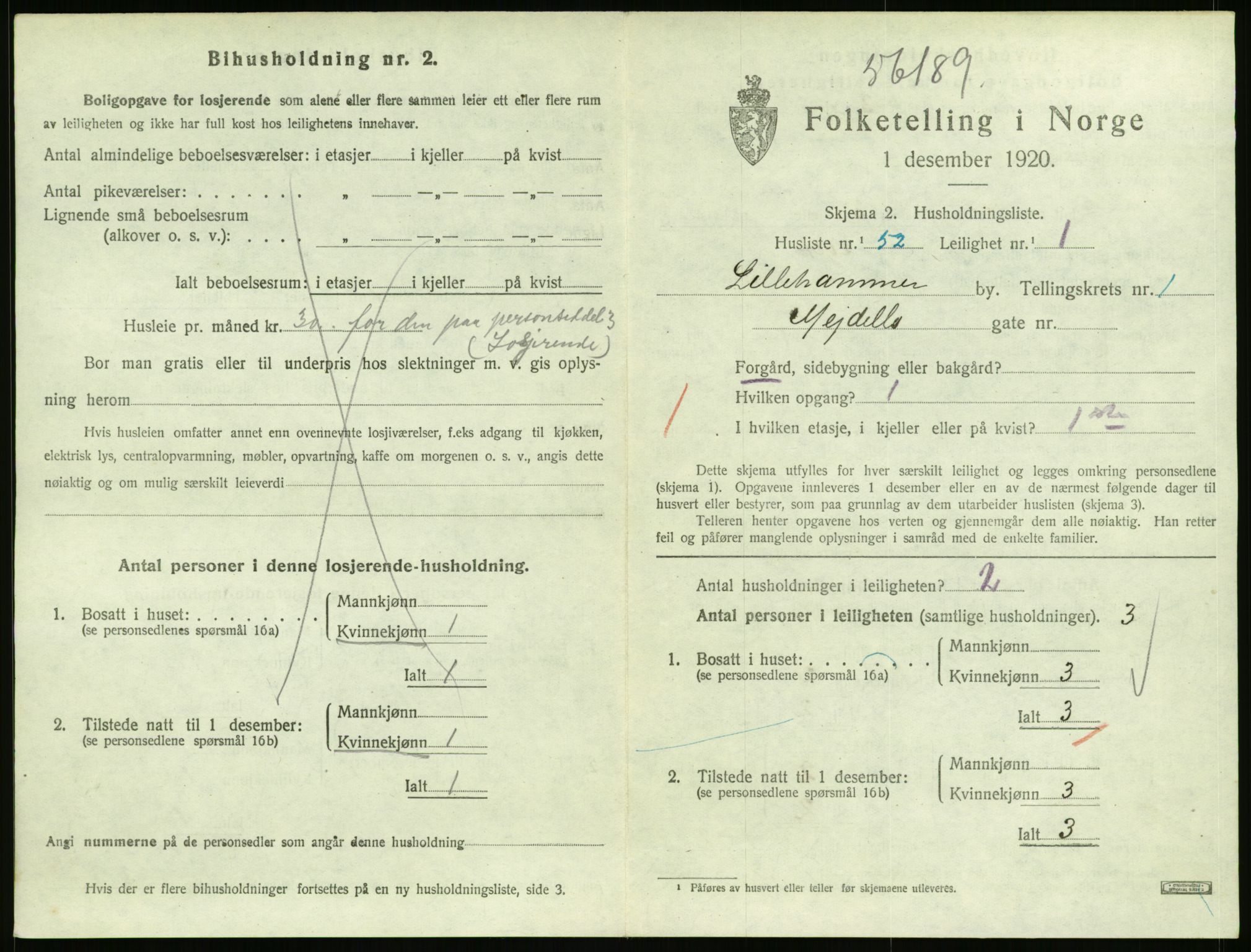 SAH, 1920 census for Lillehammer, 1920, p. 1494