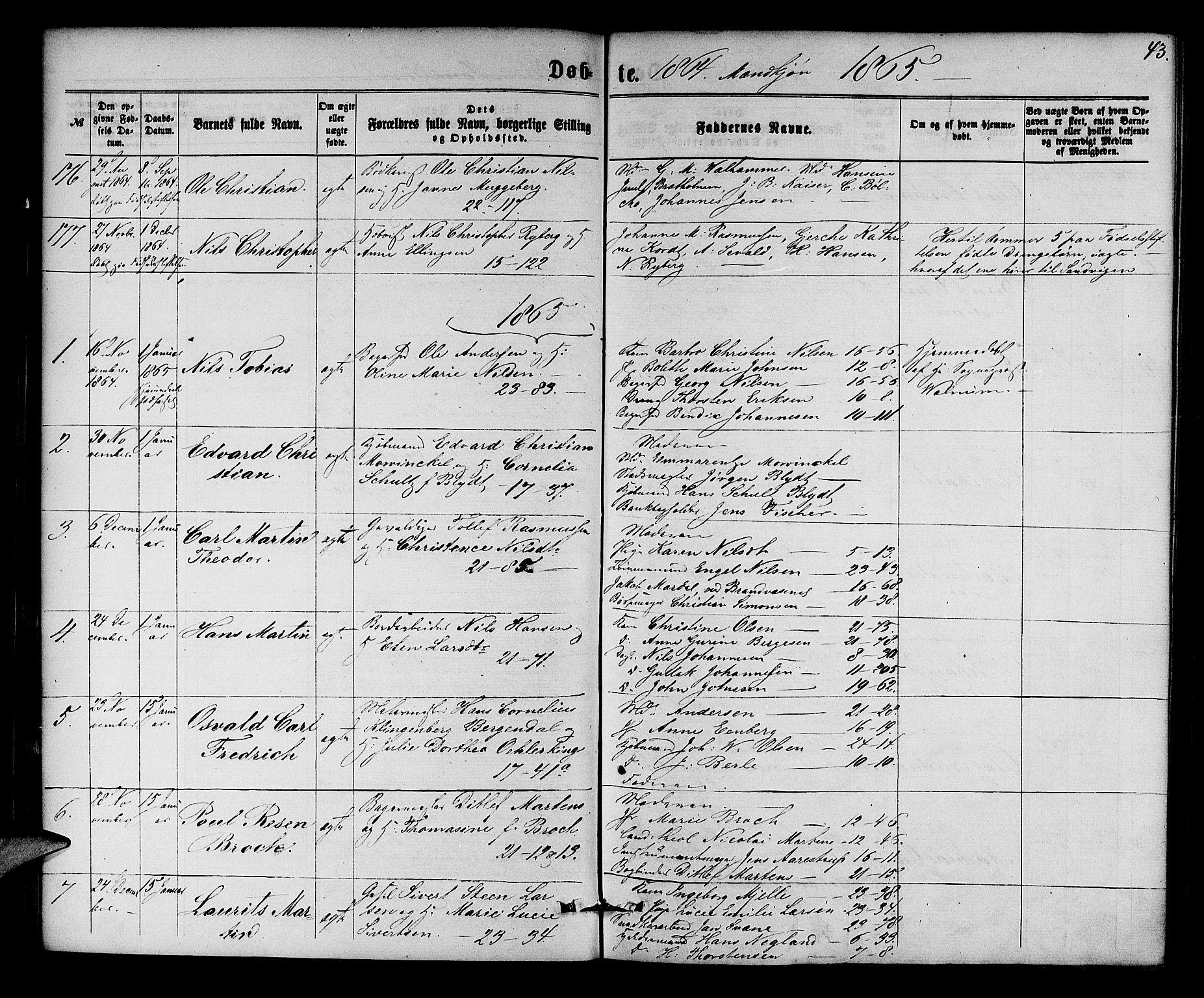 Korskirken sokneprestembete, SAB/A-76101/H/Hab: Parish register (copy) no. B 5, 1863-1868, p. 43