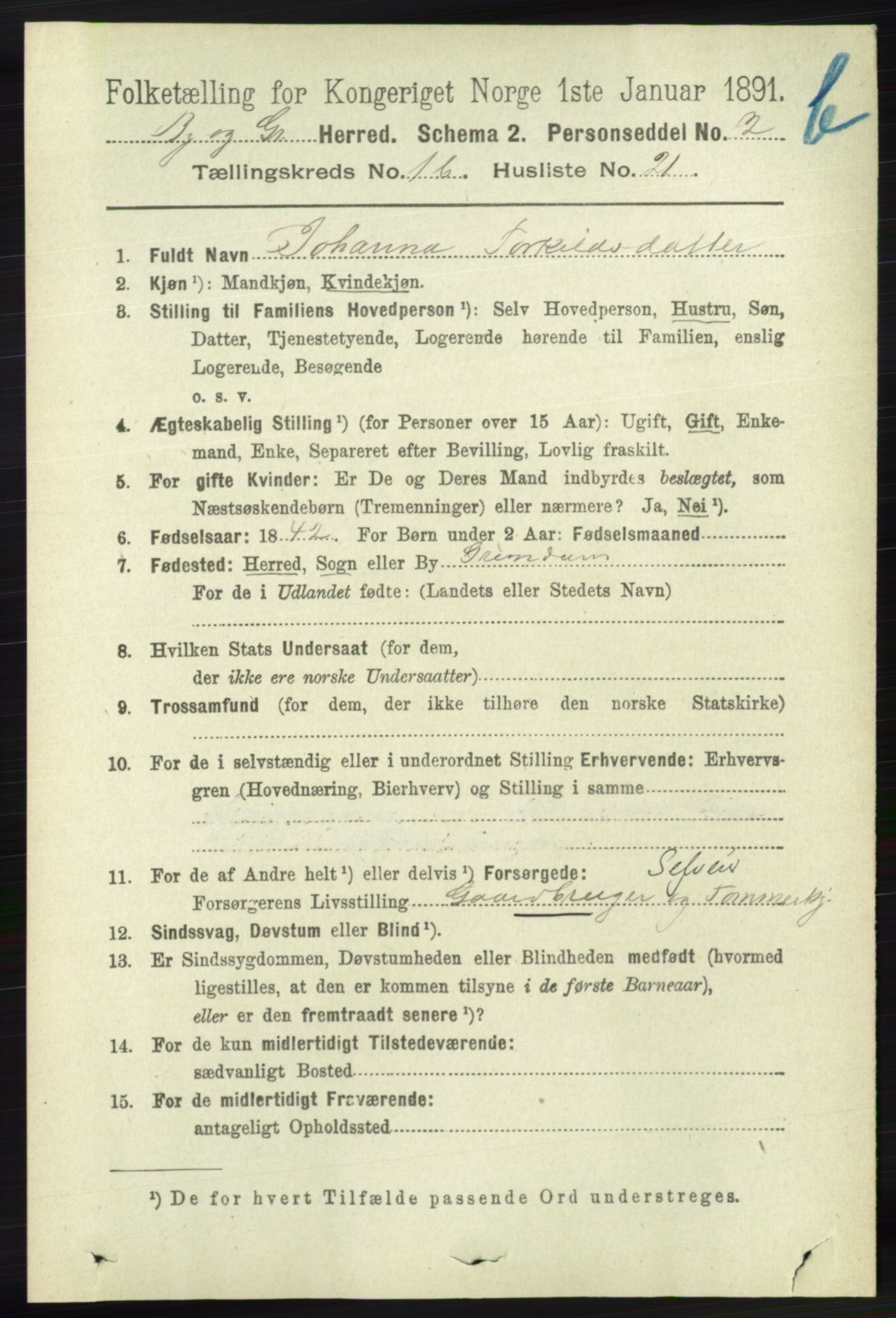 RA, 1891 census for 1024 Bjelland og Grindheim, 1891, p. 875