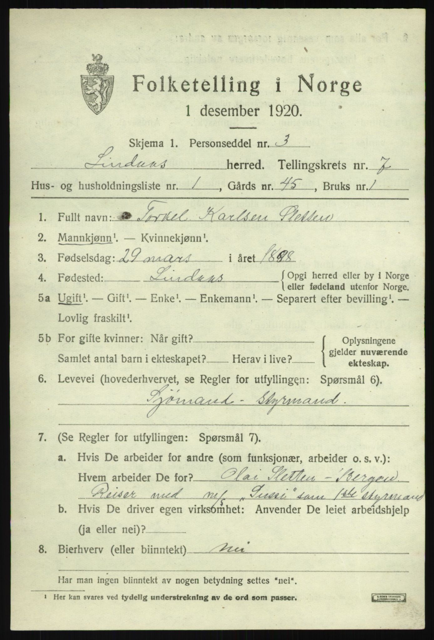 SAB, 1920 census for Lindås, 1920, p. 4035