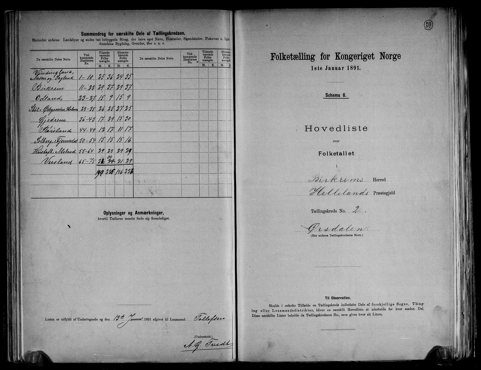 RA, 1891 census for 1114 Bjerkreim, 1891, p. 6