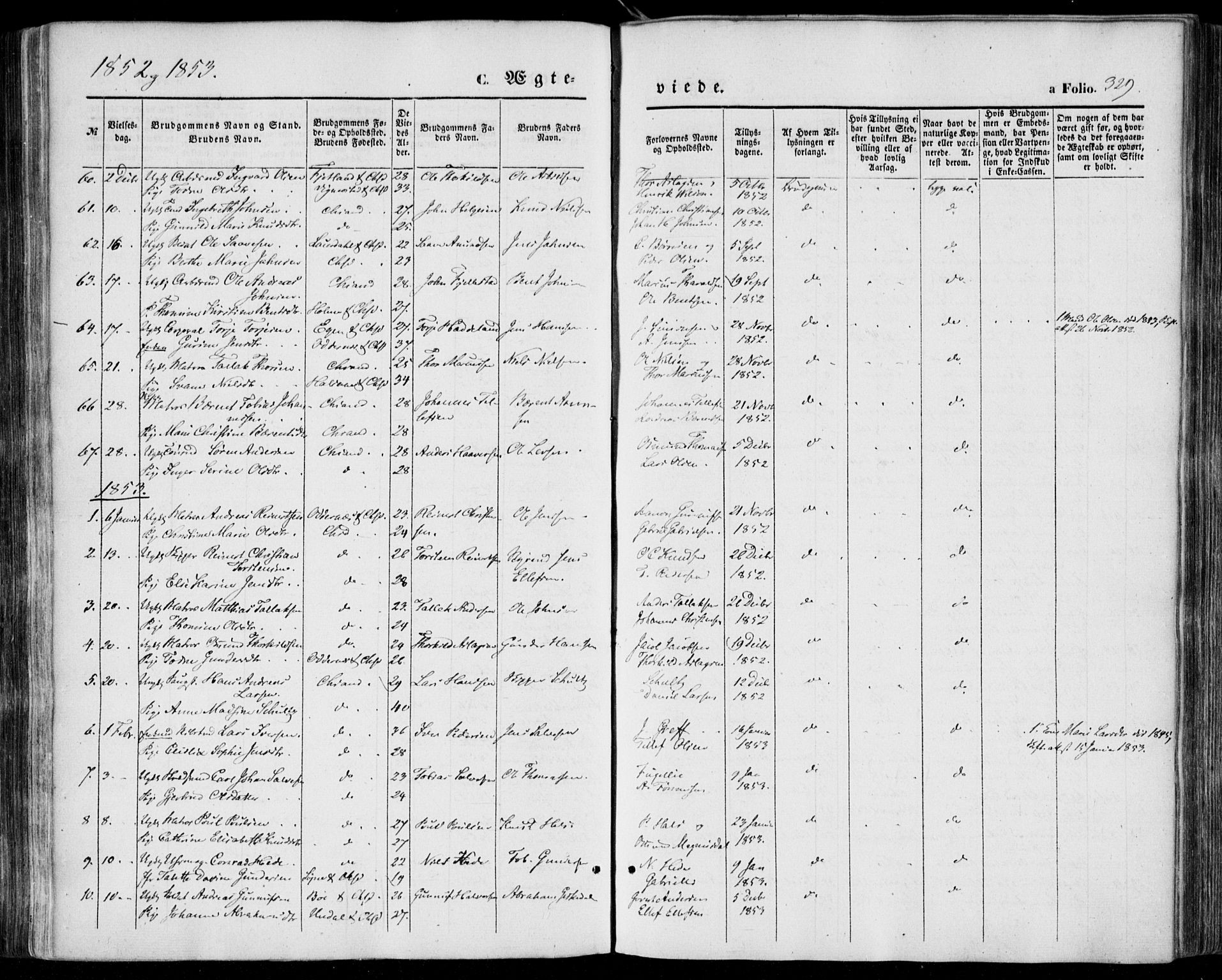 Kristiansand domprosti, SAK/1112-0006/F/Fa/L0014: Parish register (official) no. A 14, 1852-1867, p. 329