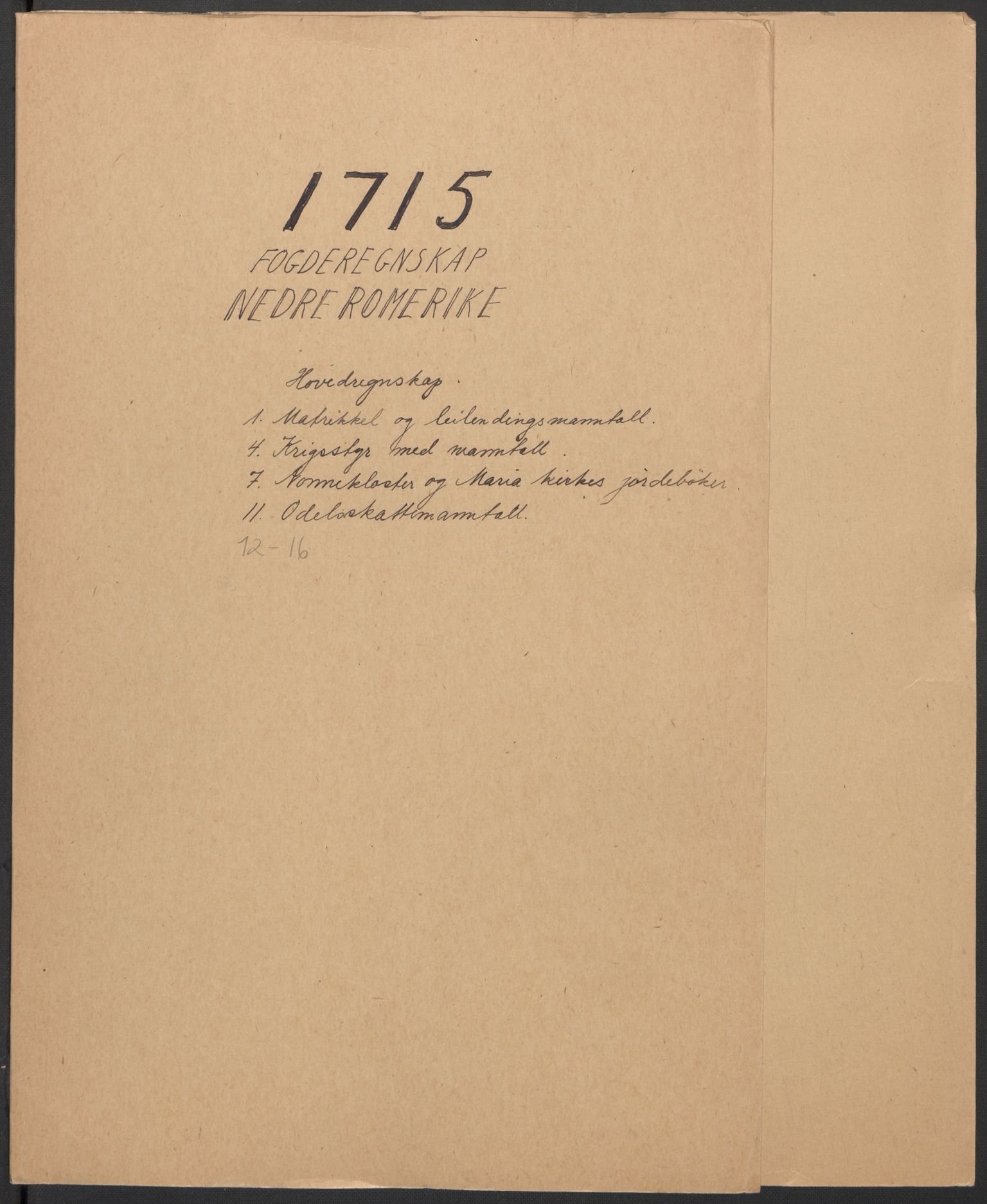 Rentekammeret inntil 1814, Reviderte regnskaper, Fogderegnskap, RA/EA-4092/R11/L0597: Fogderegnskap Nedre Romerike, 1715, p. 2