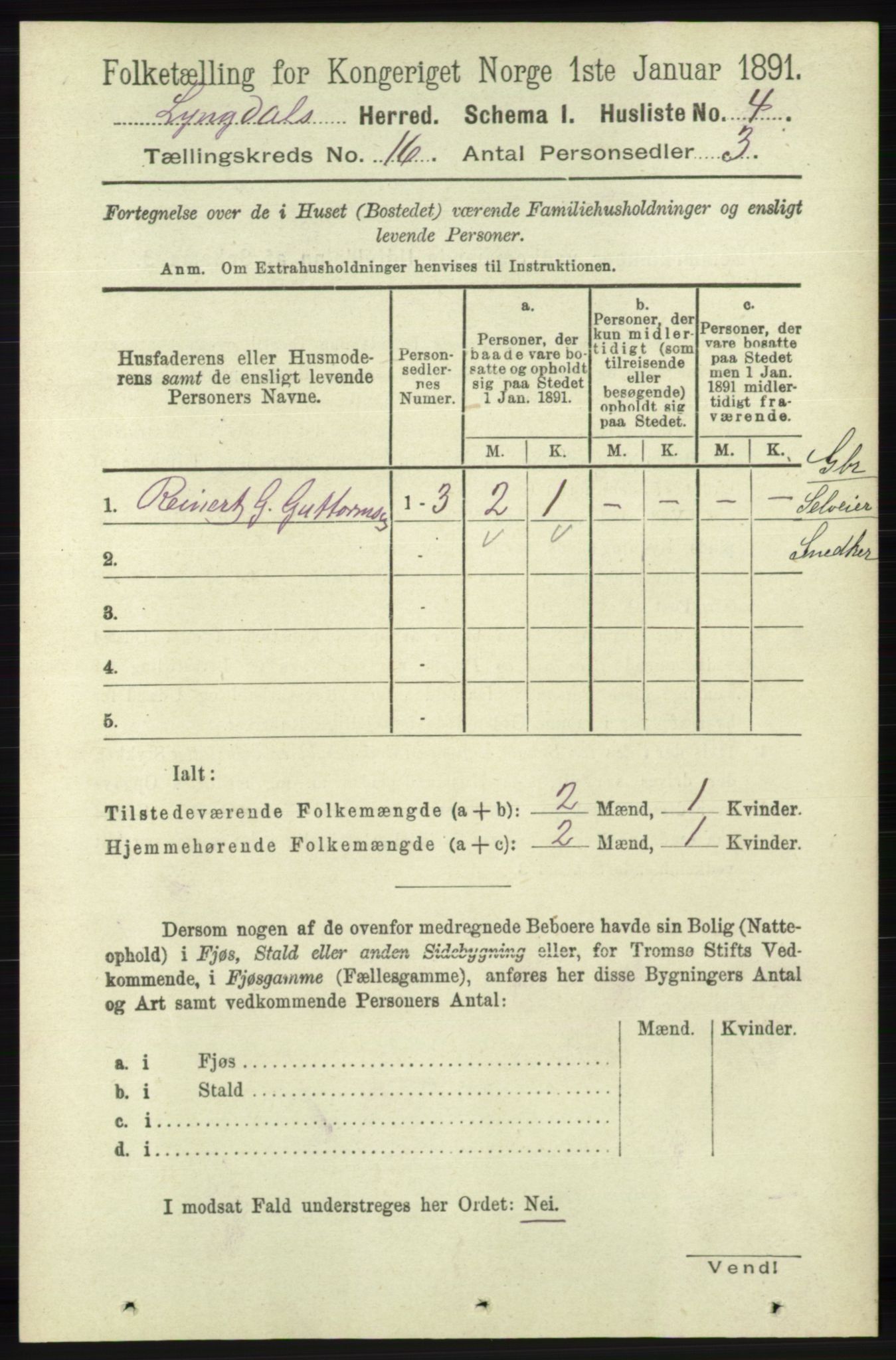 RA, 1891 census for 1032 Lyngdal, 1891, p. 6216