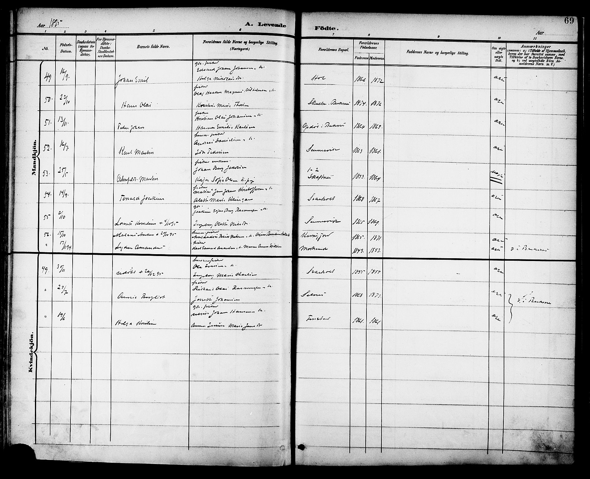 Ministerialprotokoller, klokkerbøker og fødselsregistre - Nordland, AV/SAT-A-1459/882/L1179: Parish register (official) no. 882A01, 1886-1898, p. 69