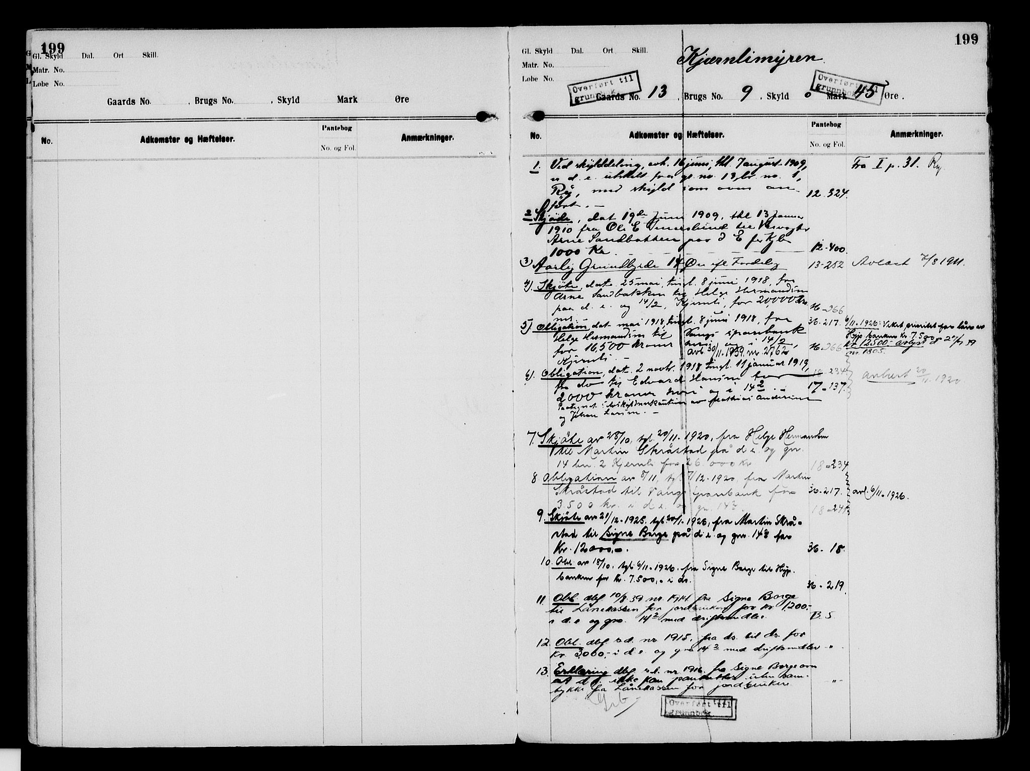 Nord-Hedmark sorenskriveri, SAH/TING-012/H/Ha/Had/Hade/L0003: Mortgage register no. 4.3, 1899-1940, p. 199