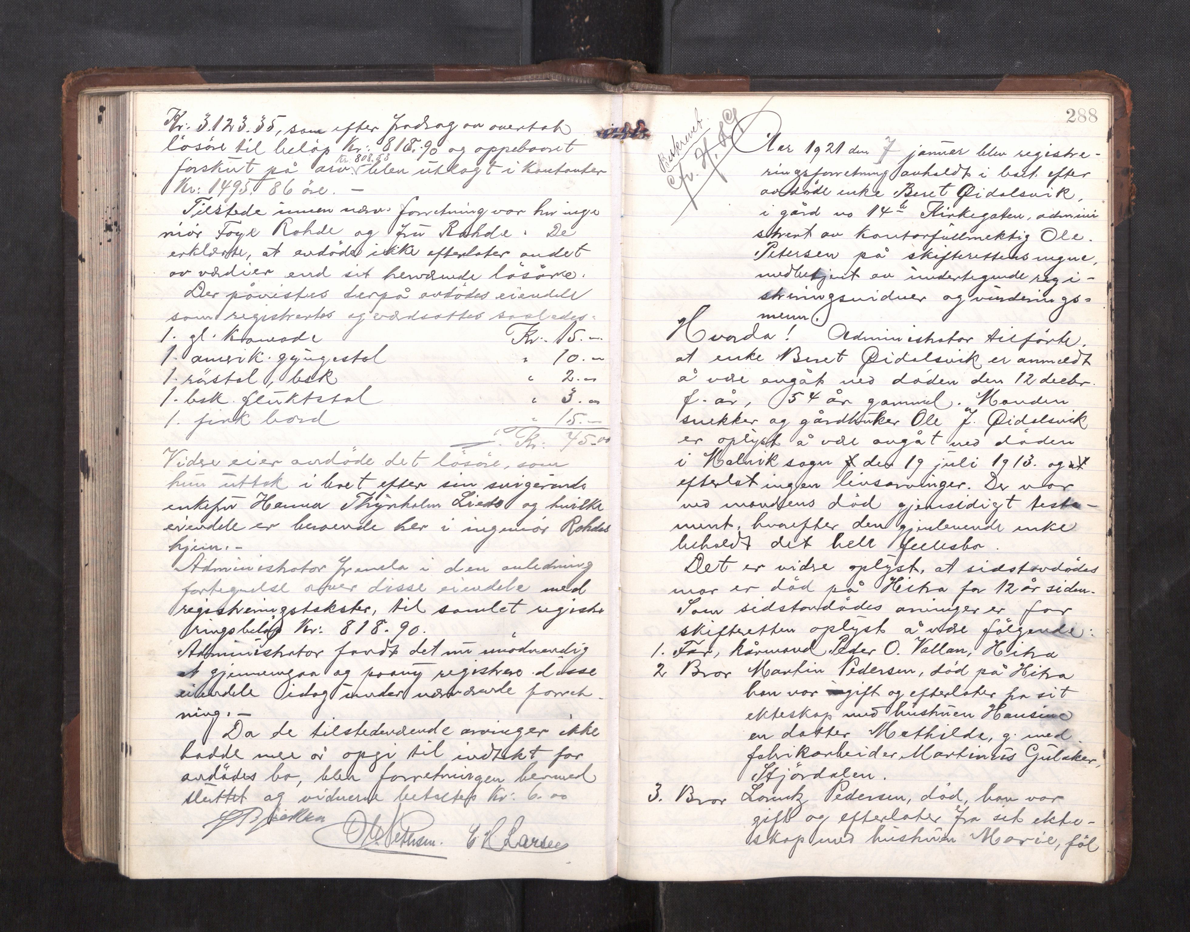Trondheim byfogd, AV/SAT-A-0003/1/3/3C/L0037: Skifteregistreringsprotokoll - 28/5-8/3. (u/ register), 1918-1921, p. 288