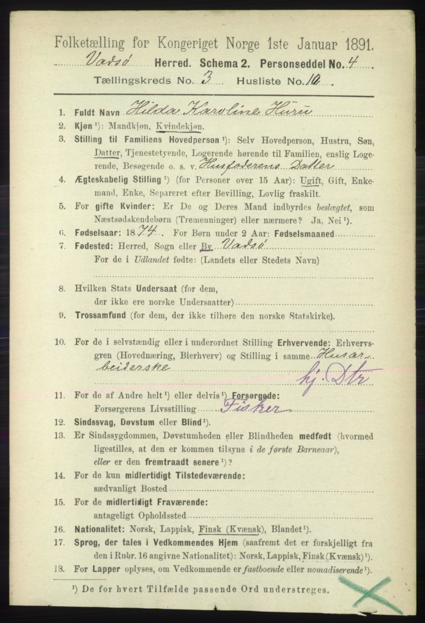 RA, 1891 census for 2029 Vadsø, 1891, p. 876