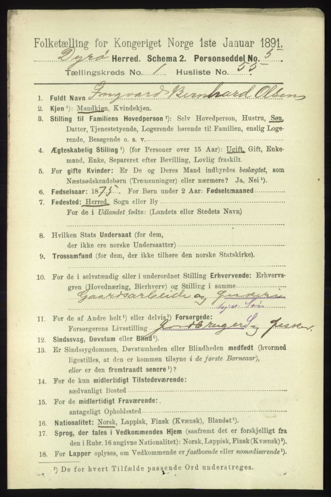 RA, 1891 census for 1926 Dyrøy, 1891, p. 407