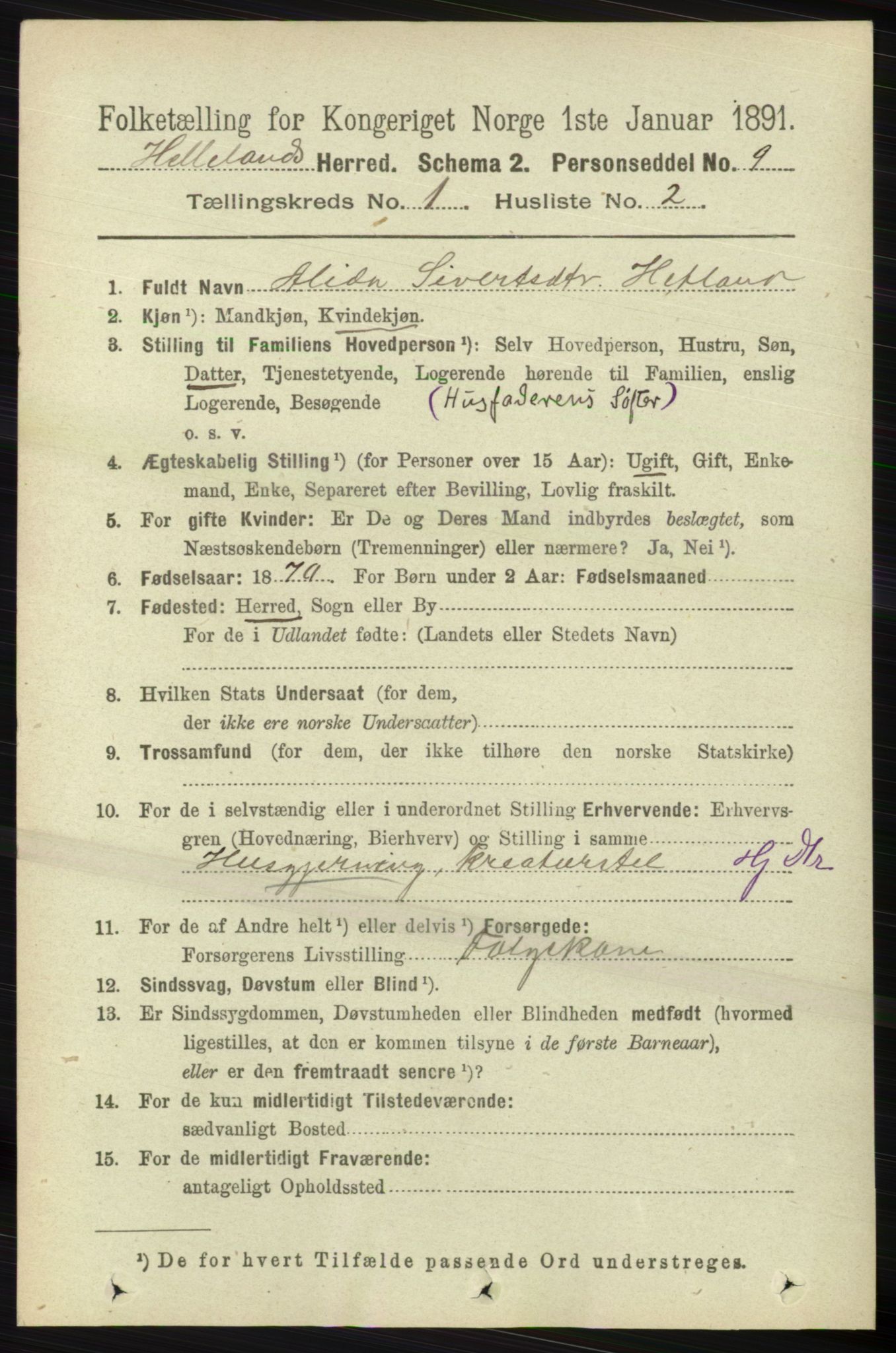 RA, 1891 census for 1115 Helleland, 1891, p. 86