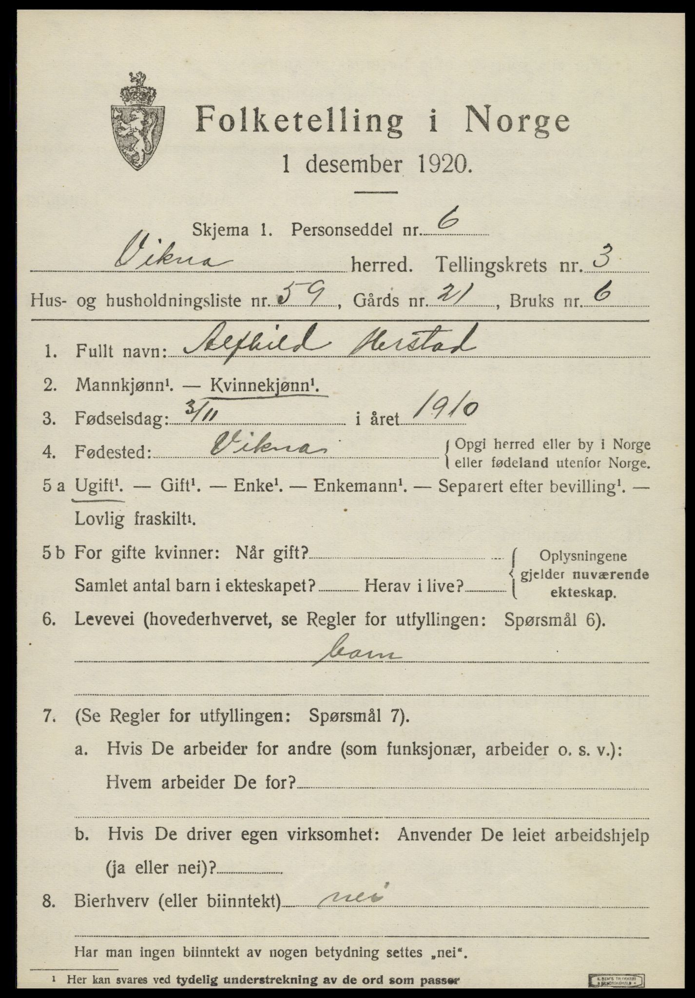 SAT, 1920 census for Vikna, 1920, p. 4131