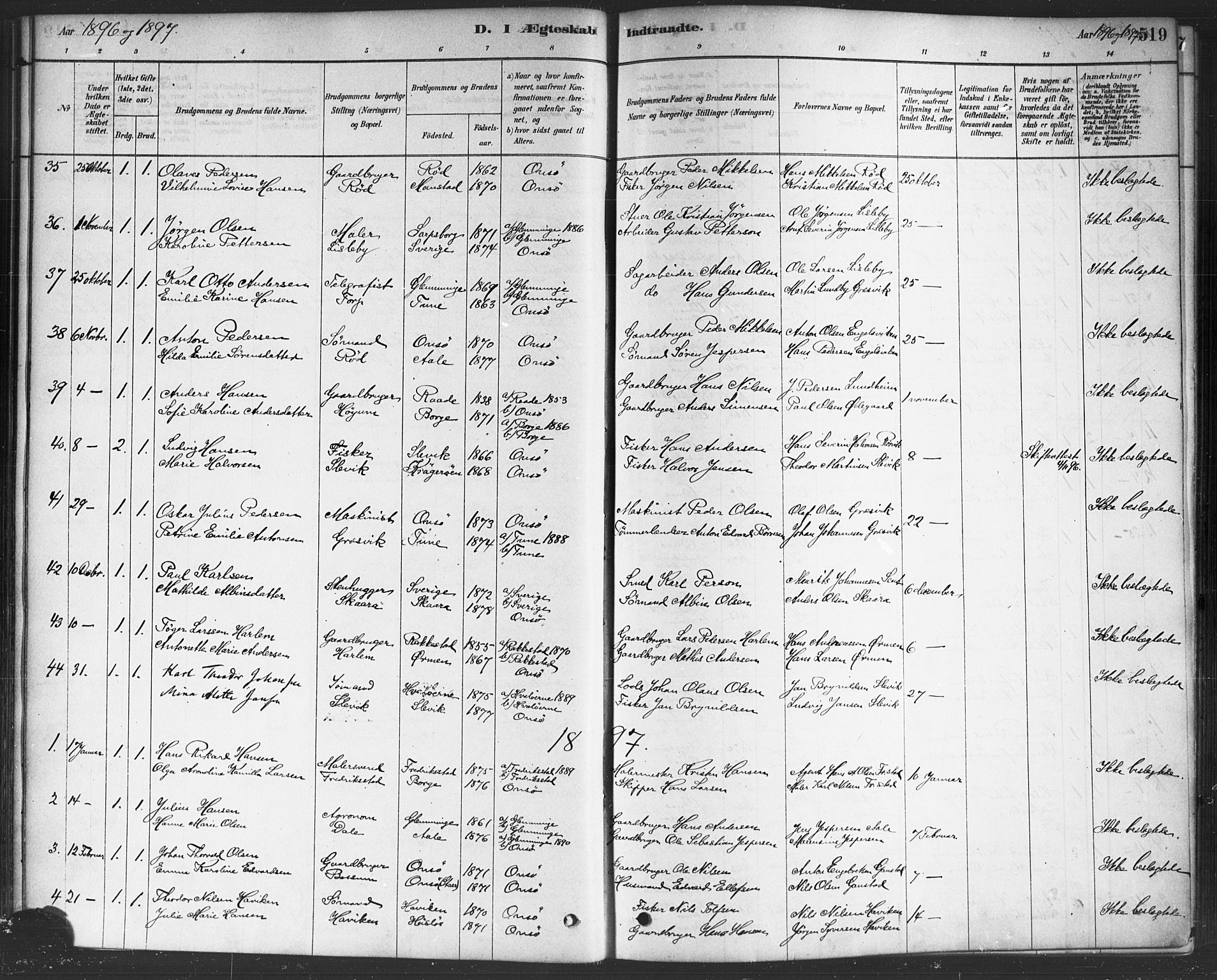 Onsøy prestekontor Kirkebøker, SAO/A-10914/F/Fa/L0006: Parish register (official) no. I 6, 1878-1898, p. 519
