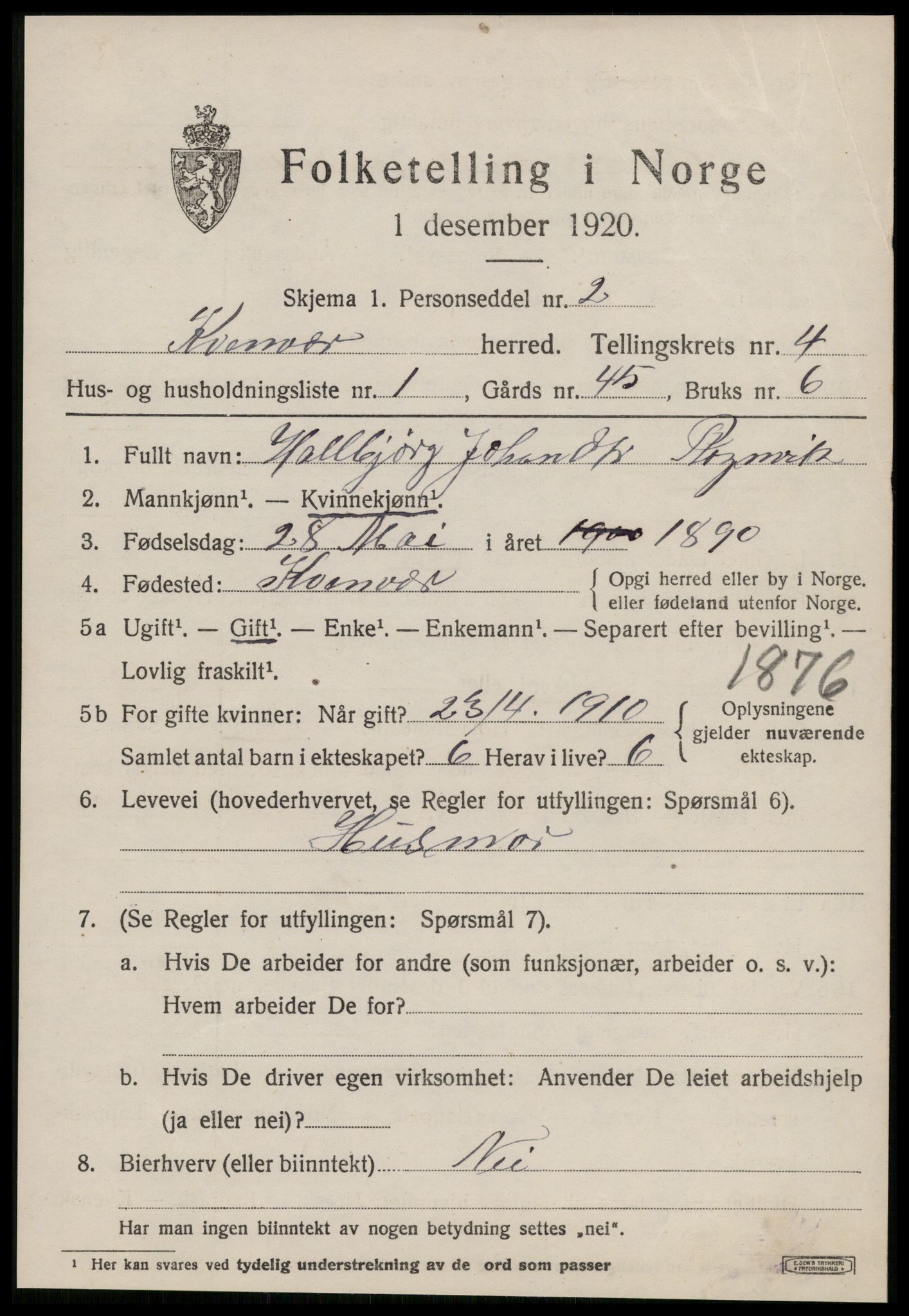 SAT, 1920 census for Kvenvær, 1920, p. 1424