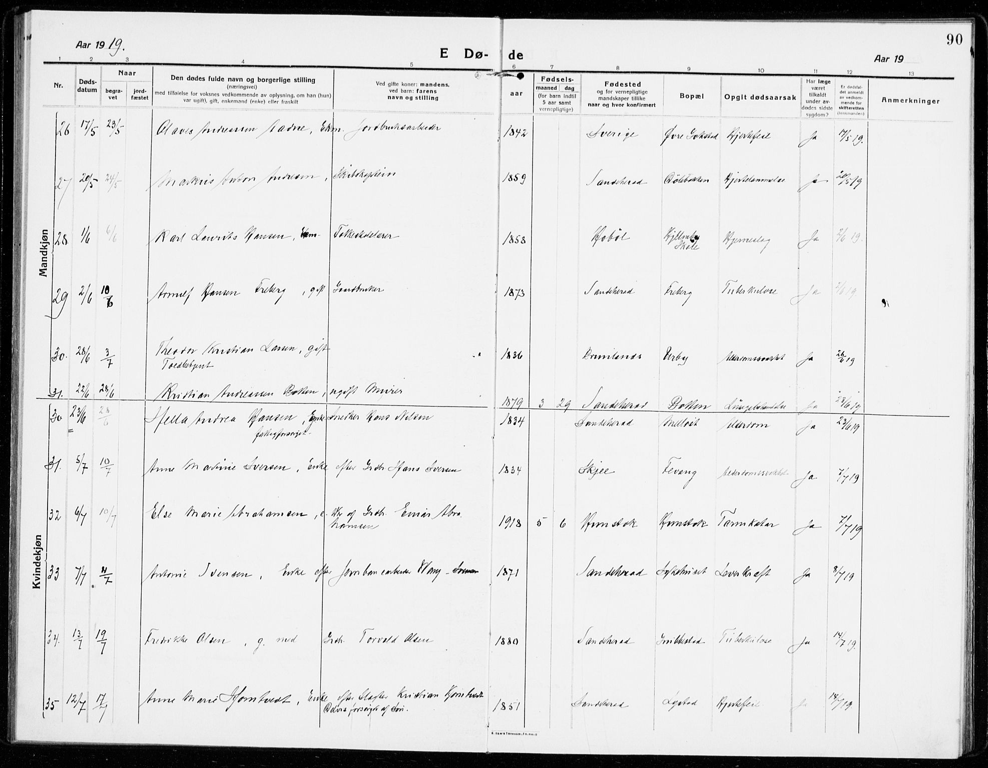 Sandar kirkebøker, SAKO/A-243/F/Fa/L0020: Parish register (official) no. 20, 1915-1919, p. 90