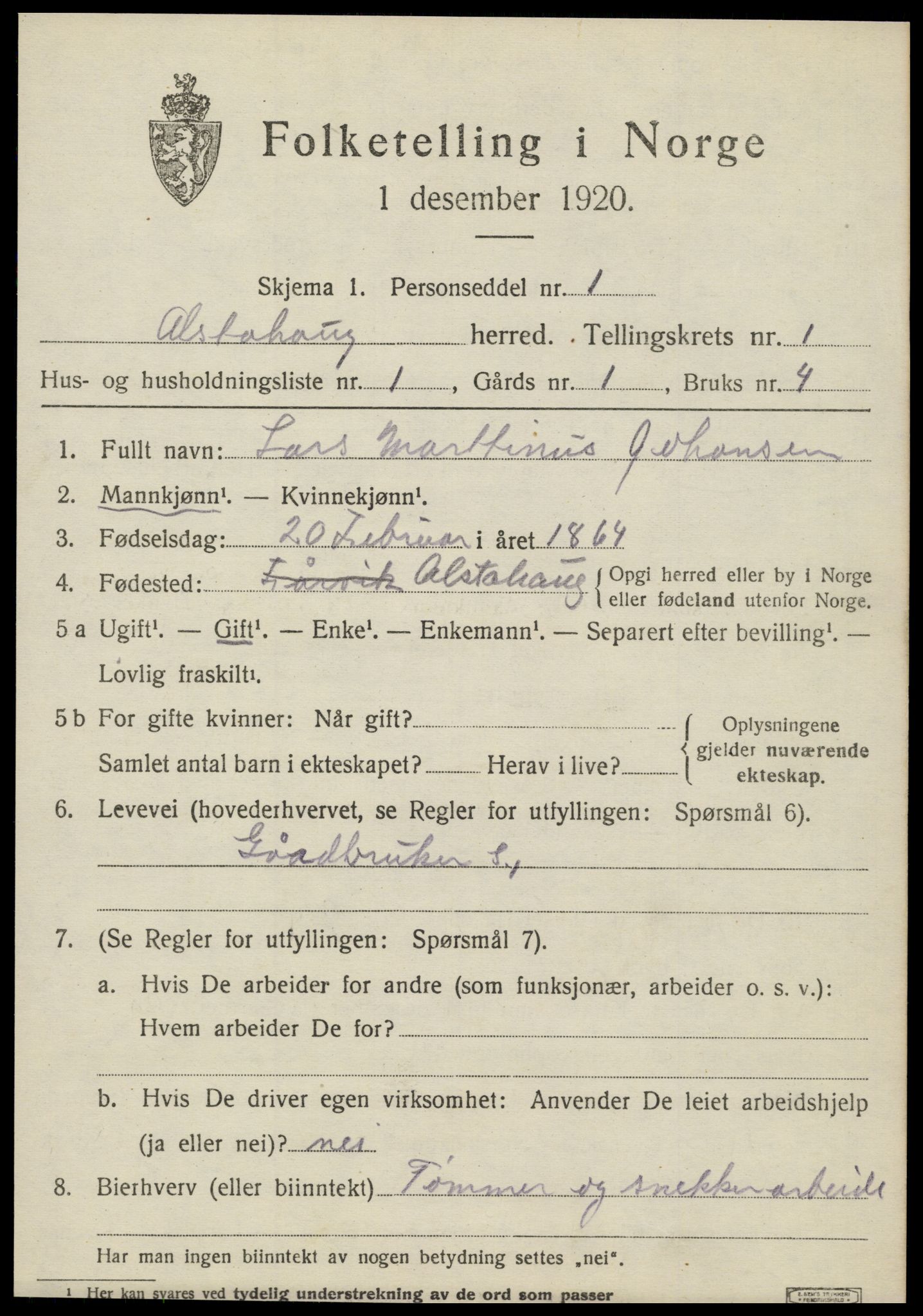 SAT, 1920 census for Alstahaug, 1920, p. 575