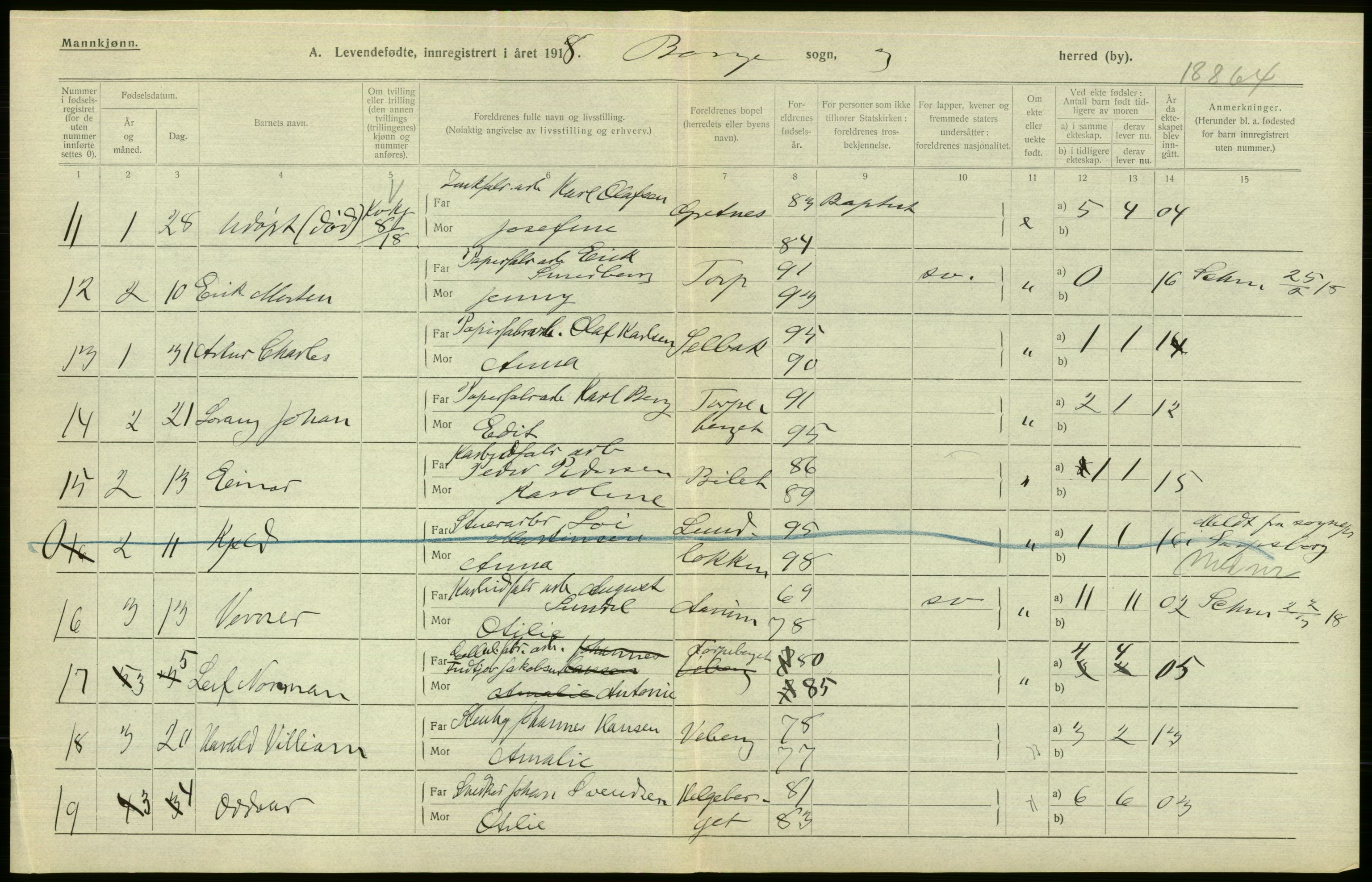 Statistisk sentralbyrå, Sosiodemografiske emner, Befolkning, RA/S-2228/D/Df/Dfb/Dfbh/L0001: Østfold fylke: Levendefødte menn og kvinner. Bygder., 1918, p. 40