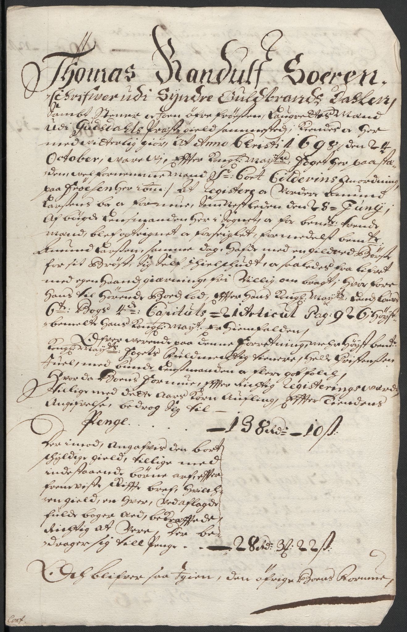 Rentekammeret inntil 1814, Reviderte regnskaper, Fogderegnskap, AV/RA-EA-4092/R17/L1171: Fogderegnskap Gudbrandsdal, 1698, p. 70