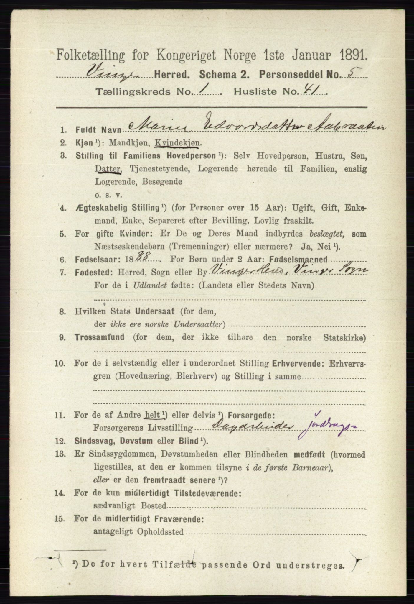 RA, 1891 census for 0421 Vinger, 1891, p. 356