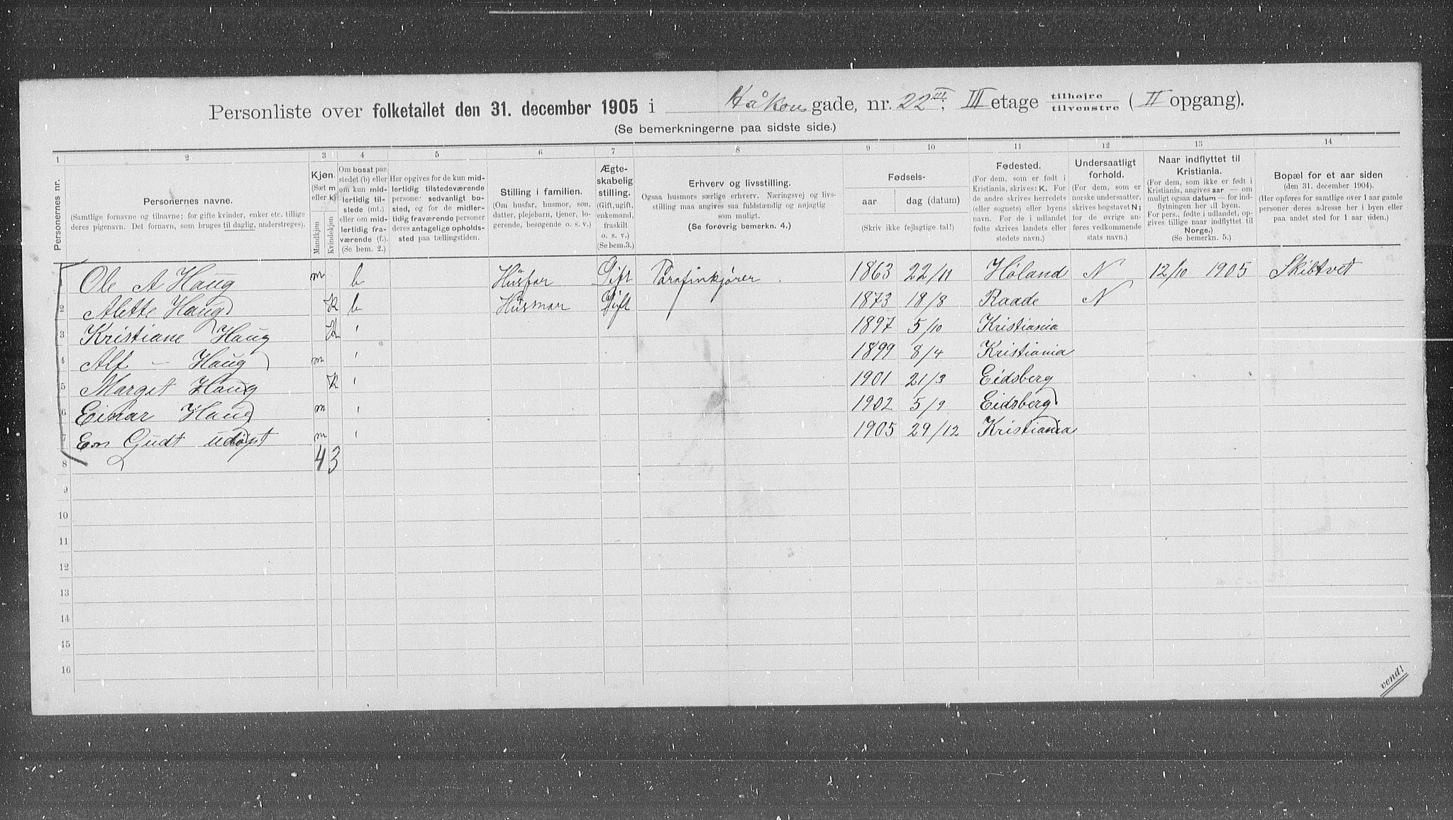 OBA, Municipal Census 1905 for Kristiania, 1905, p. 22729