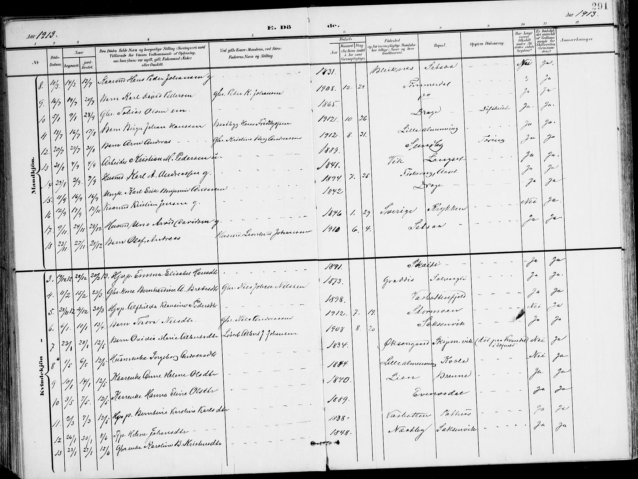 Ministerialprotokoller, klokkerbøker og fødselsregistre - Nordland, SAT/A-1459/847/L0672: Parish register (official) no. 847A12, 1902-1919, p. 291
