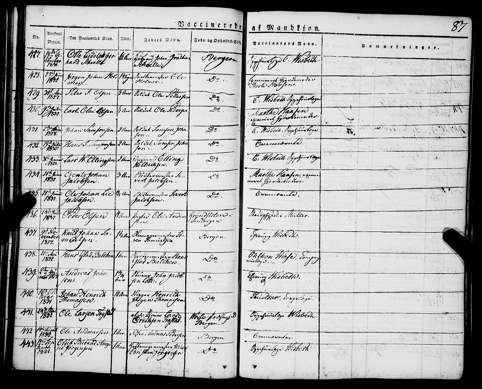 Korskirken sokneprestembete, SAB/A-76101/H/Haa/L0050: Parish register (official) no. F 1, 1821-1869, p. 87