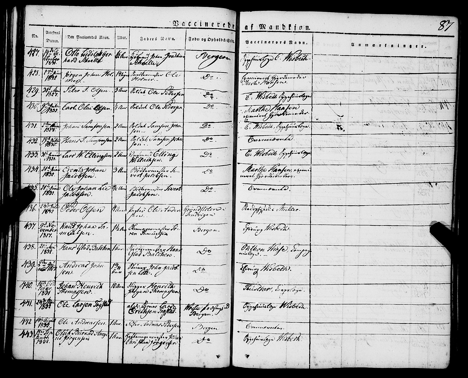 Korskirken sokneprestembete, AV/SAB-A-76101/H/Haa/L0050: Parish register (official) no. F 1, 1821-1869, p. 87
