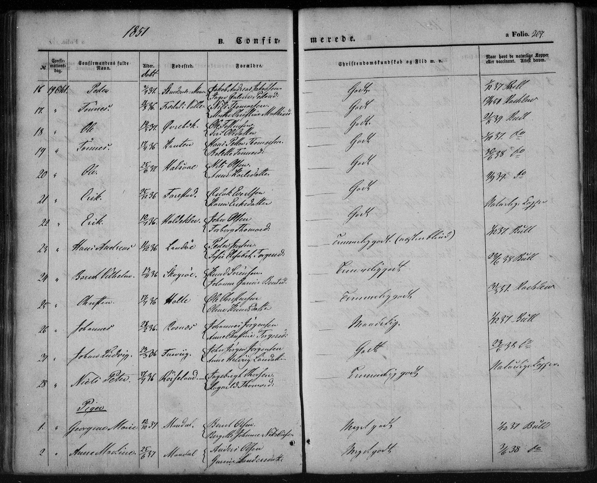 Mandal sokneprestkontor, AV/SAK-1111-0030/F/Fa/Faa/L0013: Parish register (official) no. A 13, 1847-1859, p. 207