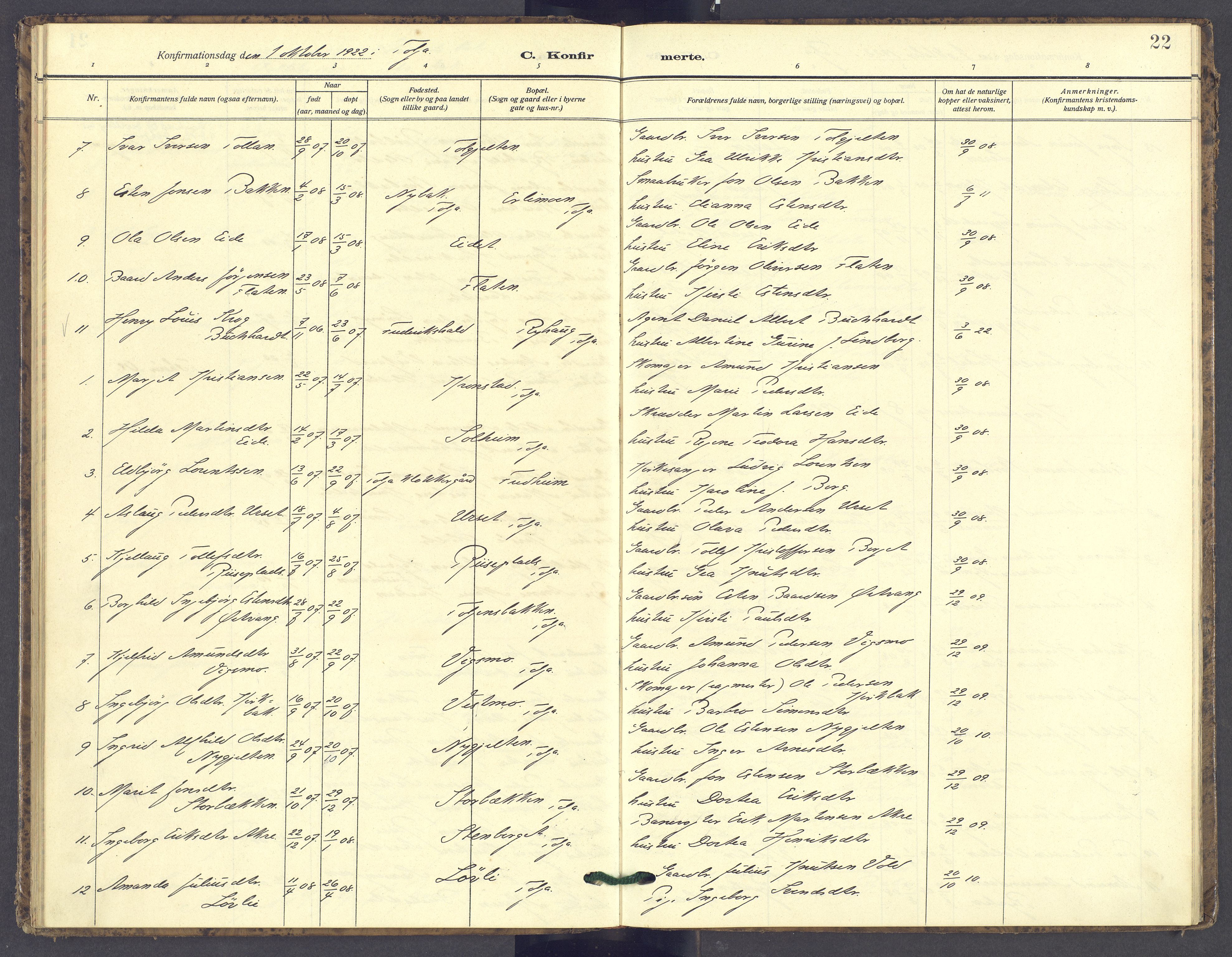 Tolga prestekontor, AV/SAH-PREST-062/K/L0016: Parish register (official) no. 16, 1908-1957, p. 22