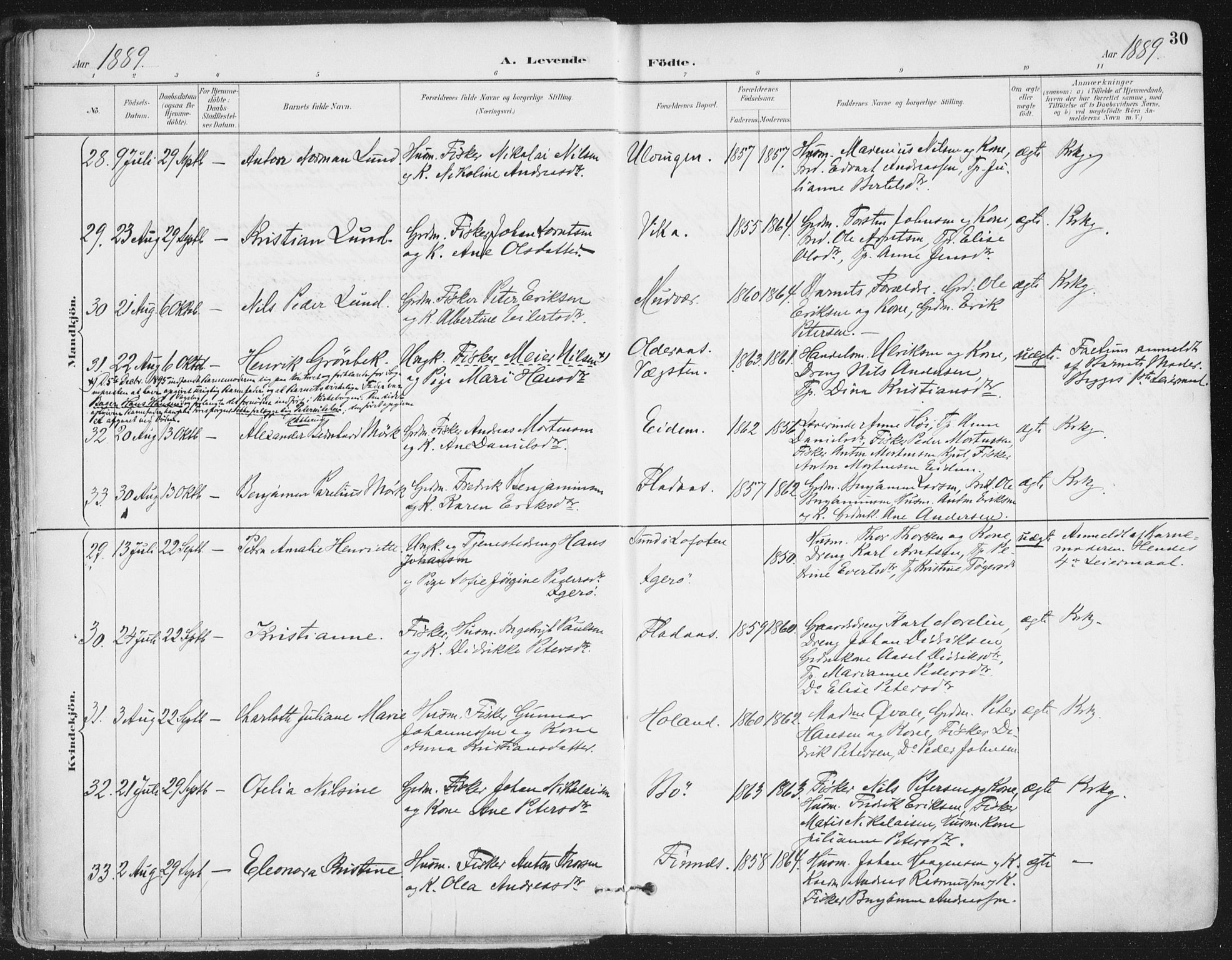 Ministerialprotokoller, klokkerbøker og fødselsregistre - Nordland, AV/SAT-A-1459/816/L0244: Parish register (official) no. 816A10, 1886-1903, p. 30