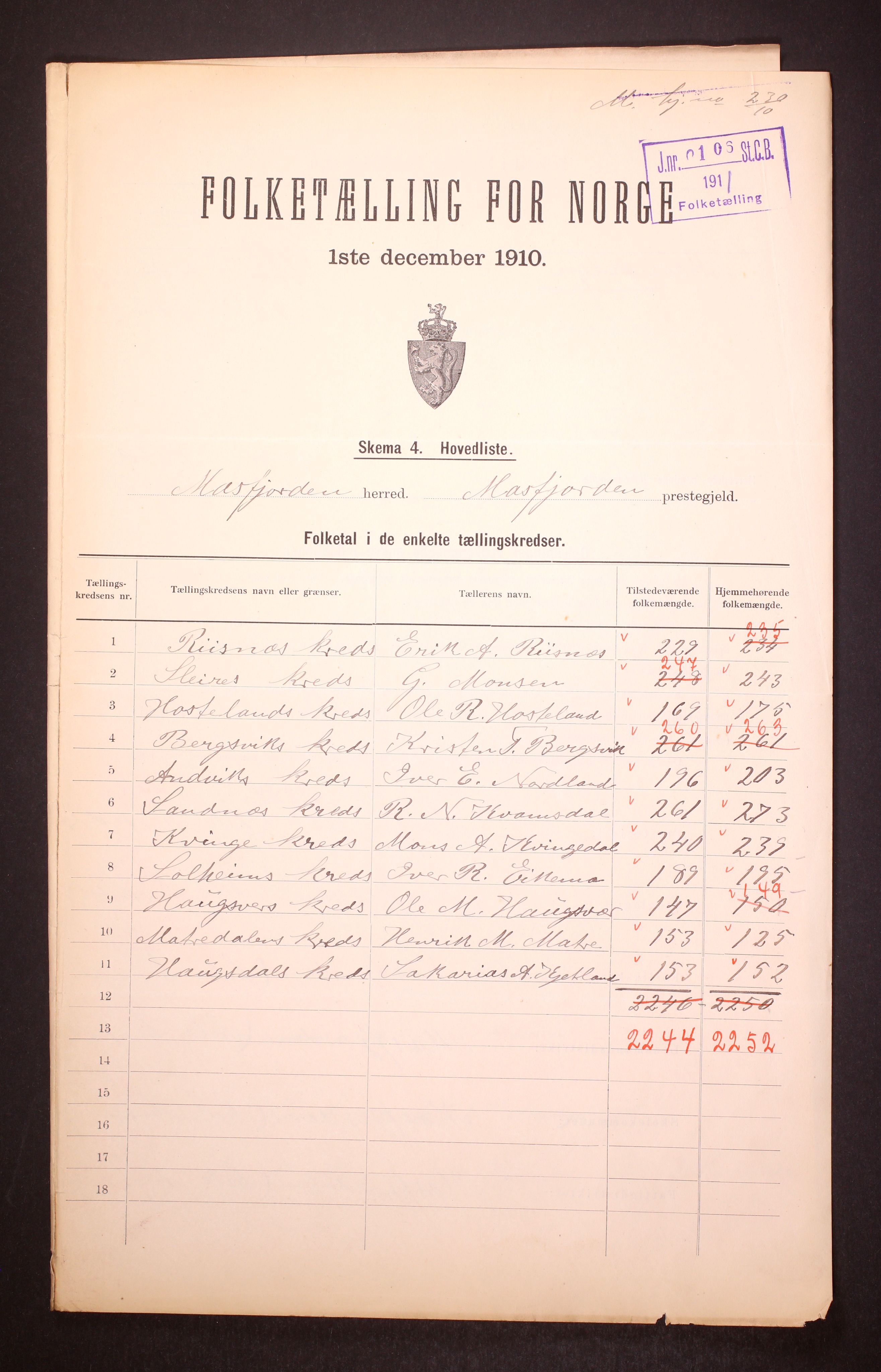 RA, 1910 census for Masfjorden, 1910, p. 2