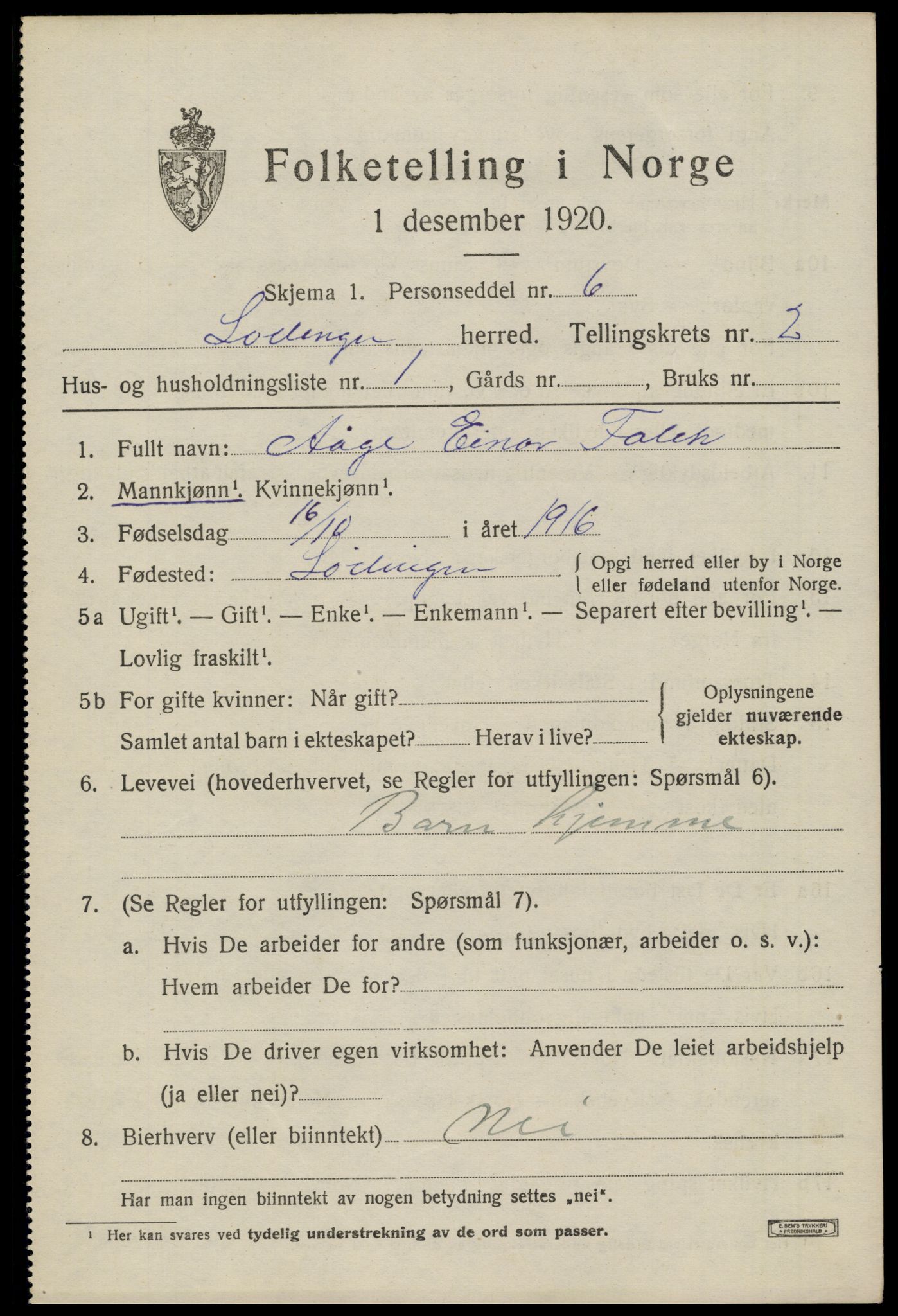 SAT, 1920 census for Lødingen, 1920, p. 1599