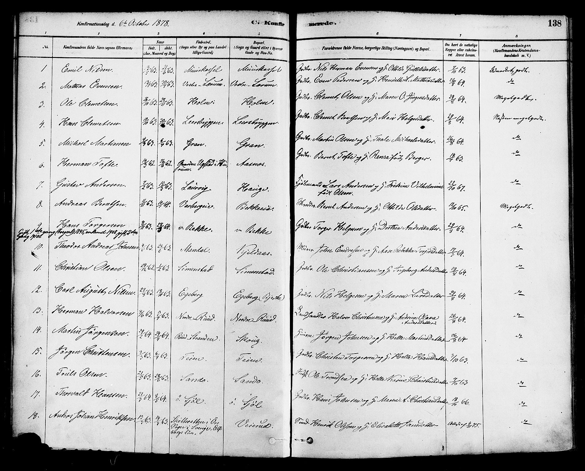 Sande Kirkebøker, AV/SAKO-A-53/F/Fa/L0006: Parish register (official) no. 6, 1878-1888, p. 138