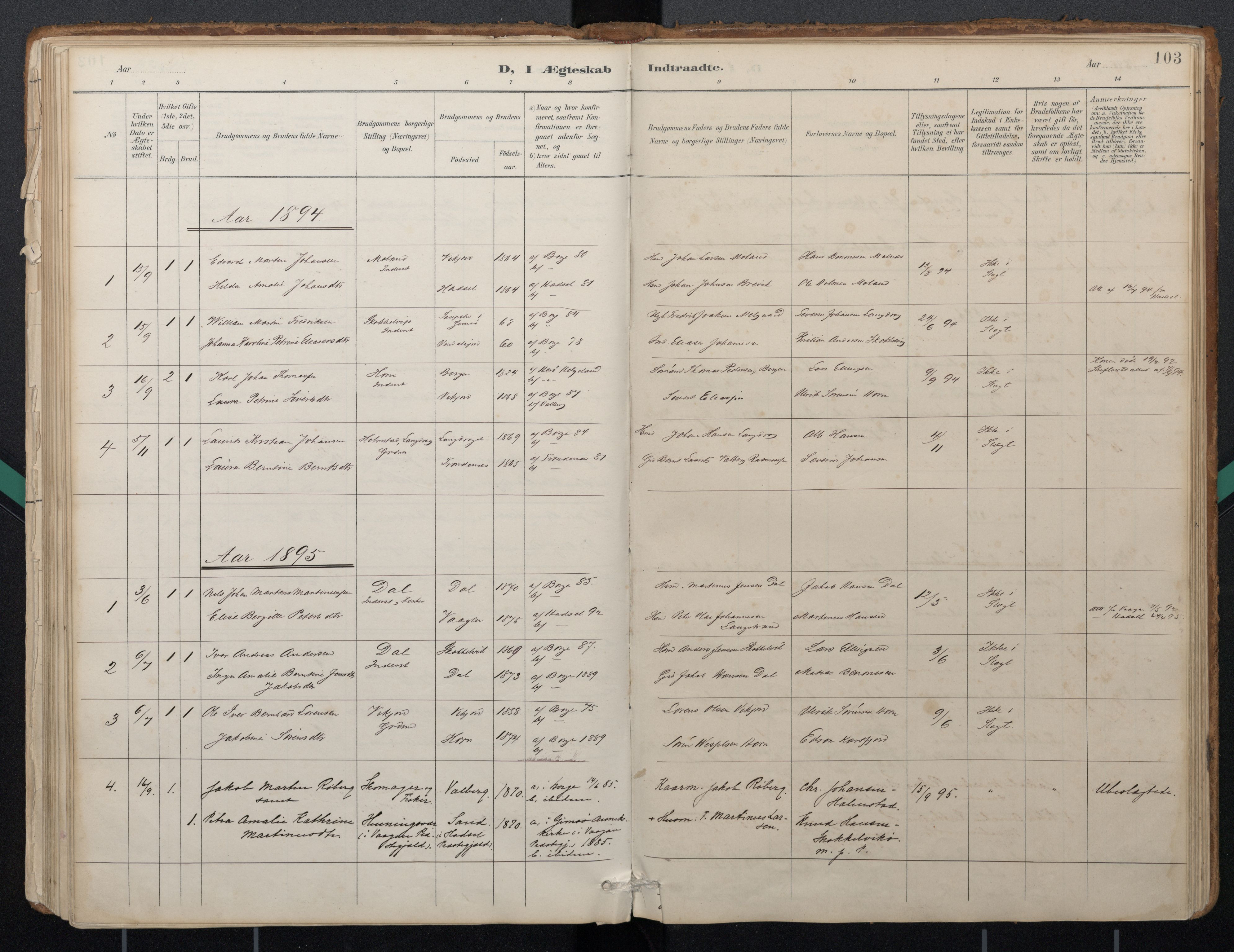 Ministerialprotokoller, klokkerbøker og fødselsregistre - Nordland, AV/SAT-A-1459/884/L1193: Parish register (official) no. 884A01, 1888-1905, p. 103