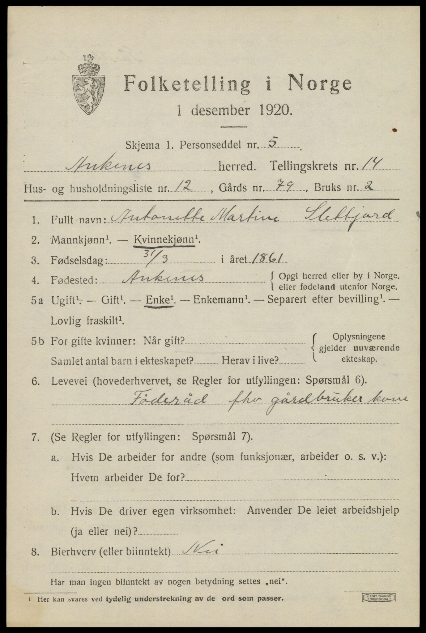 SAT, 1920 census for Ankenes, 1920, p. 7005