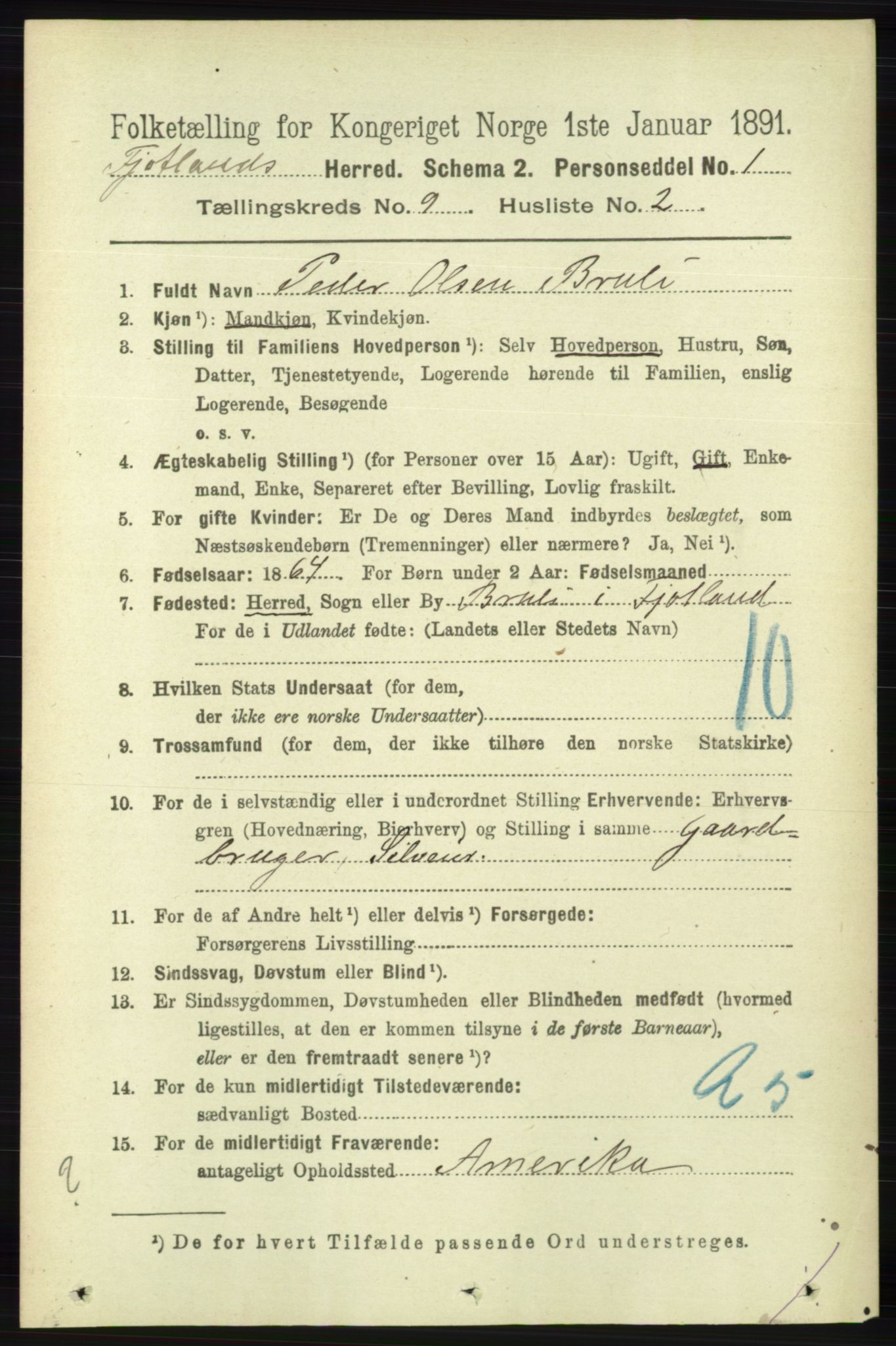 RA, 1891 census for 1036 Fjotland, 1891, p. 1308